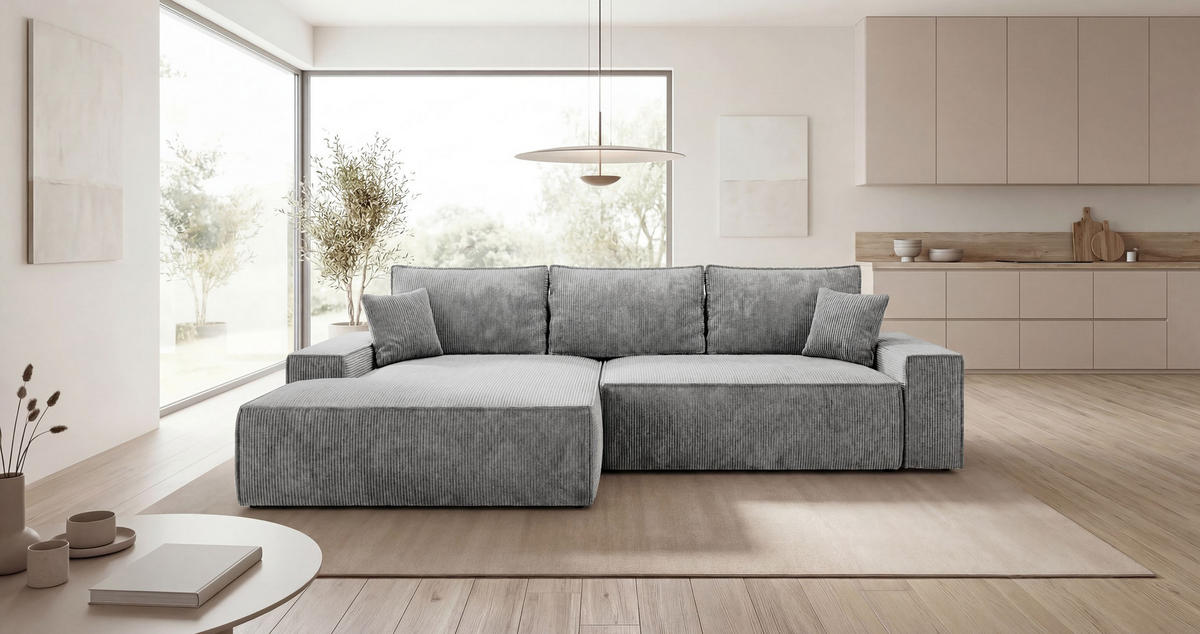 ECKSOFA VERONA links grau Cord Poso 55 - Schlaffunktion, Bettkasten - Grau, Textil (280/185cm) - Cornero