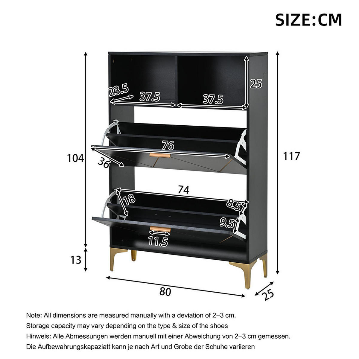 SCHUHSCHRANK in 80 x 25 x 117 cm mit 4 unteren Klapptüren, MDF+Metall - Schwarz, Holzwerkstoff (25/117/80cm) - KOMHTOM