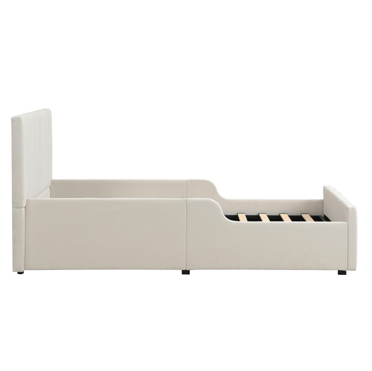 KINDERBETT 90/200 cm mit hydraulischem Bettkasten, Lattenrost, gepolsterten Seitenlehnen und Leinenbezug, Beige - Beige, Textil (90/200cm) - Redom