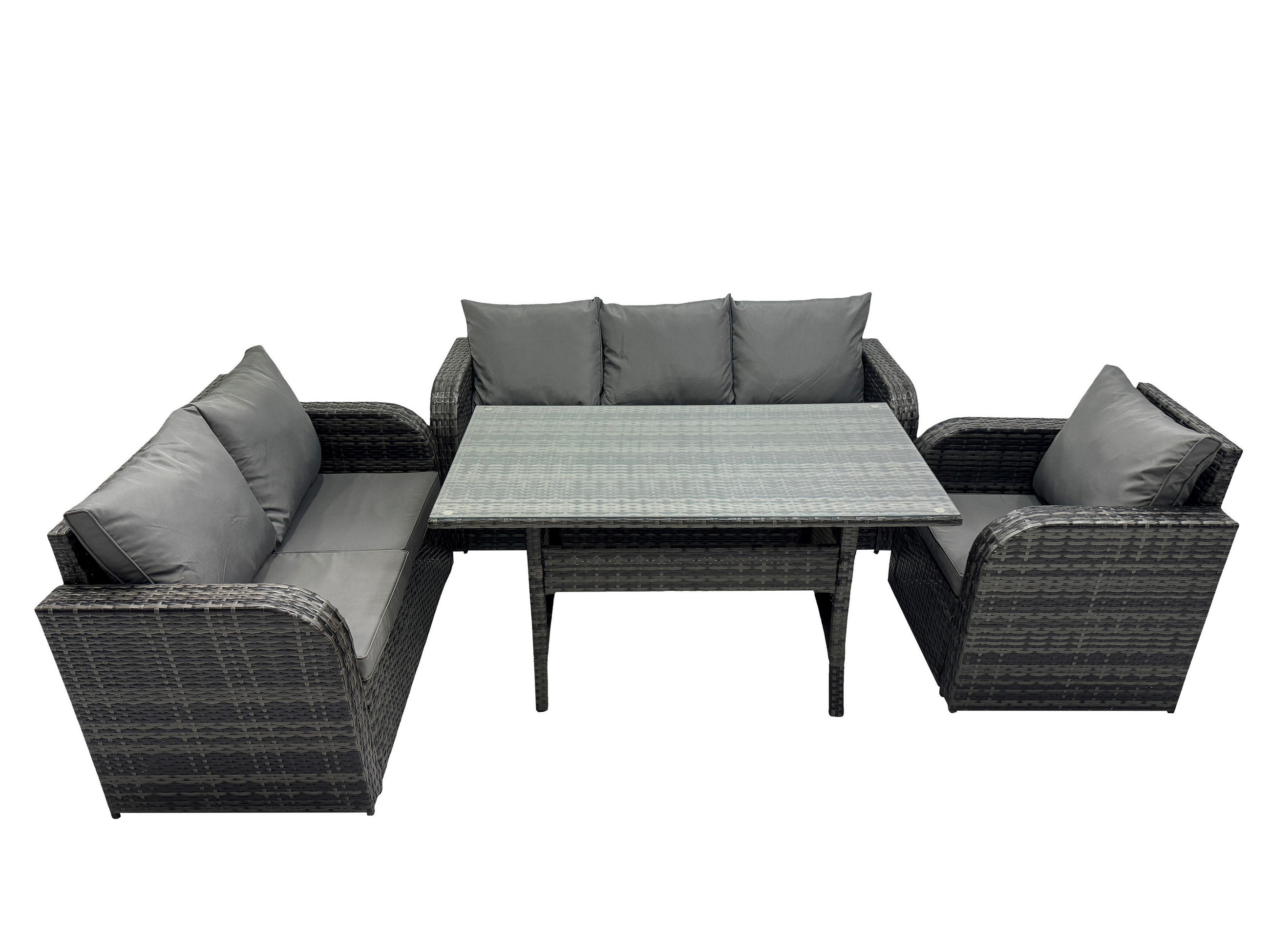 Gartenmöbelset mit 3-Sitzer Sofa,Esstisch,Polyrattan Dunkelgrau 6-Sitzer - Dunkelgrau/Grau, Glas/Kunststoff - Fimous