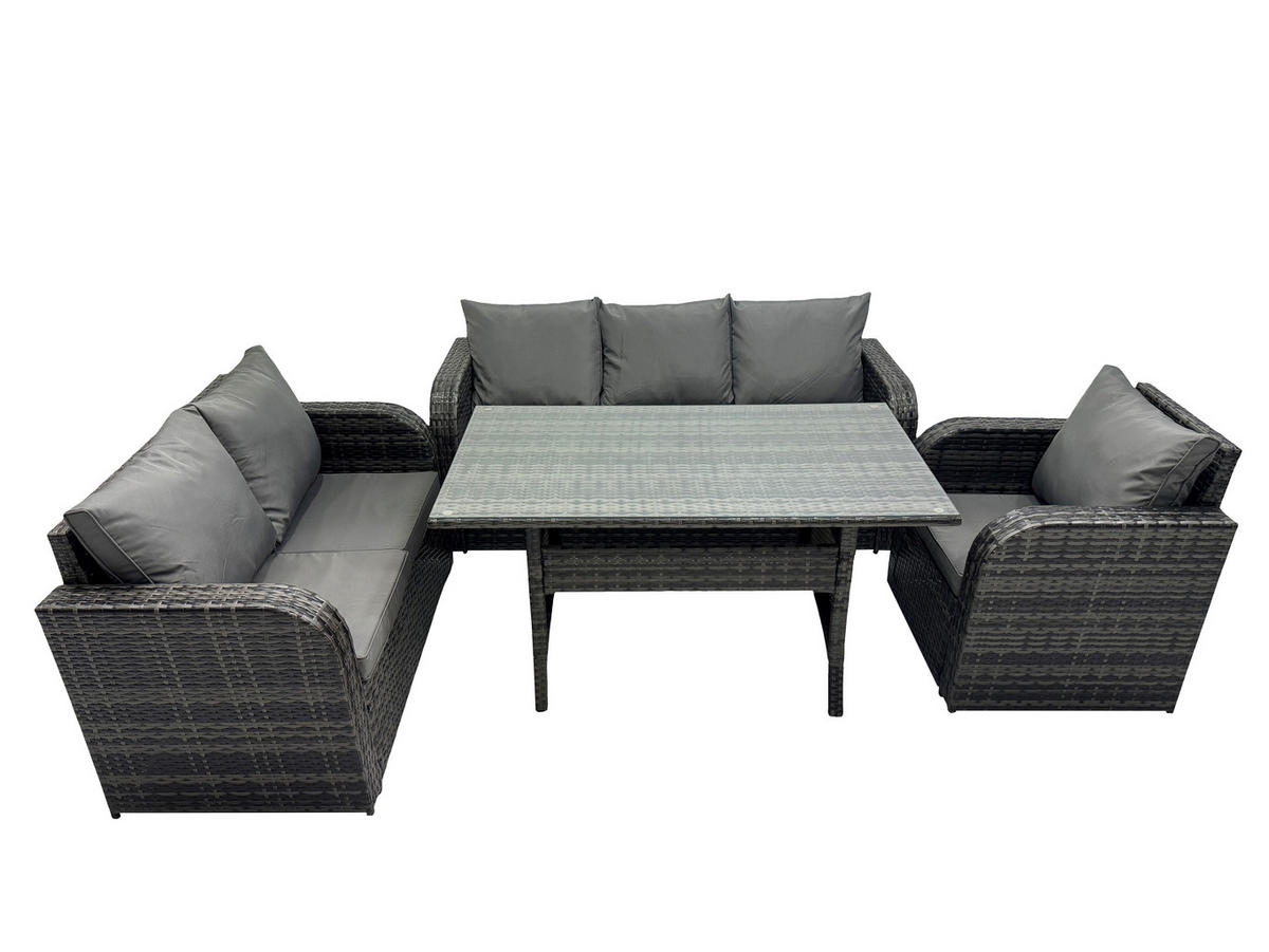 Gartenmöbelset mit 3-Sitzer Sofa,Esstisch,Polyrattan Dunkelgrau 6-Sitzer - Dunkelgrau/Grau, Glas/Kunststoff - Fimous