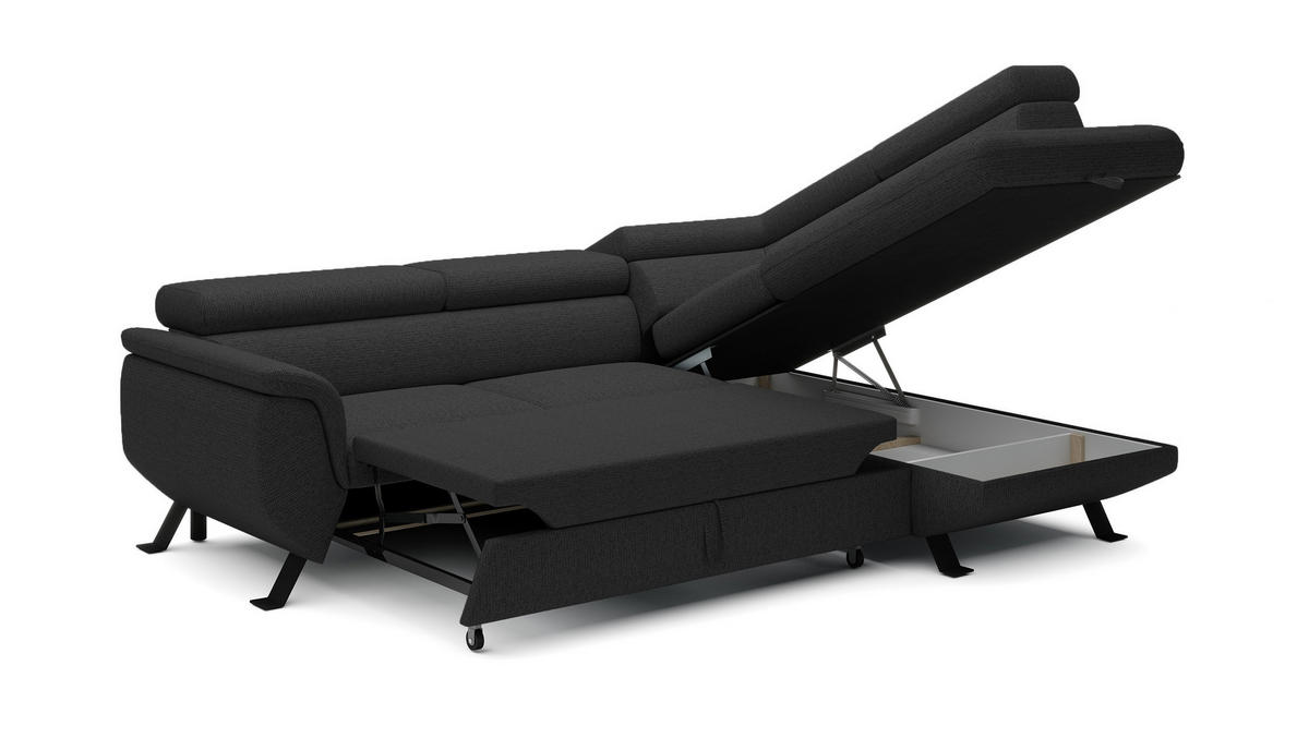 ECKSOFA Raven L mit Schlaffunktion und Bettkasten, Freistehend, Polstersofa mit Verstellbaren Kopfstützen, 257x198x96 cm – Rechte, Schwarz - Schwarz, Holz/Textil (256/198cm) - DomoHome
