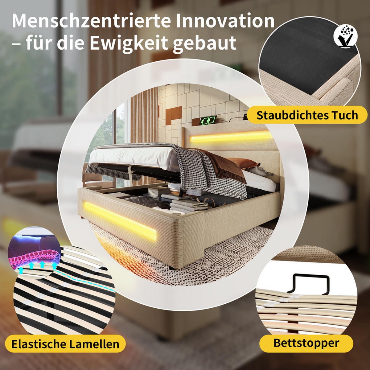 DOPPELBETT 160X200 cm mit LED USB Typ C - Beige, Holz (160/200cm) - FLIEKS