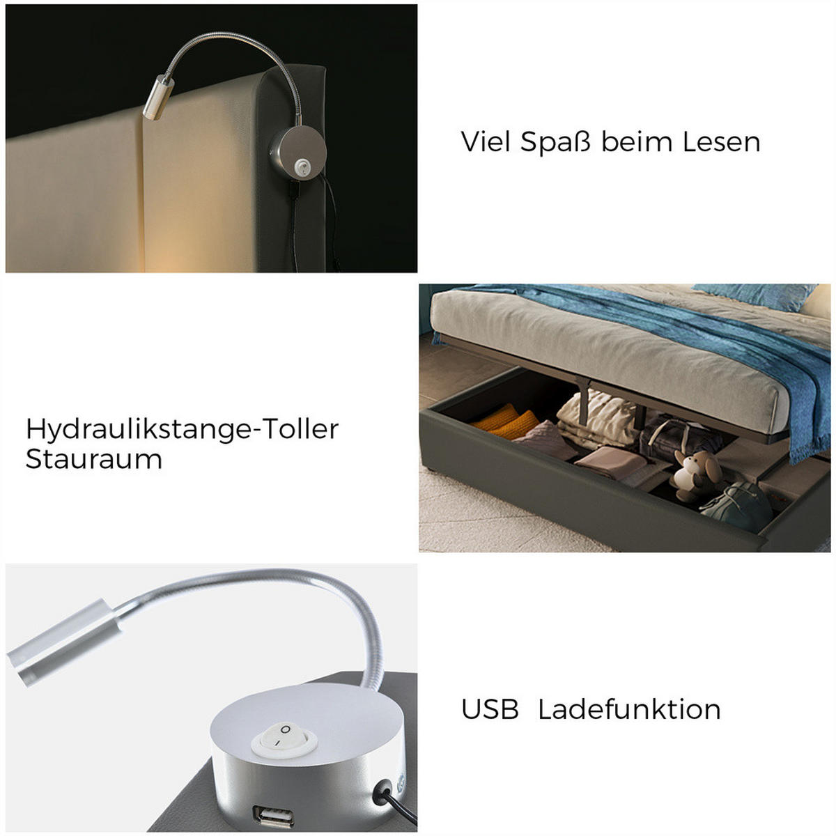 POLSTERBETT 140/200 cm in Grau PU mit mit USB Ladefunktion Kopfteil - Grau, Holz/Textil (140/200cm) - KOMHTOM