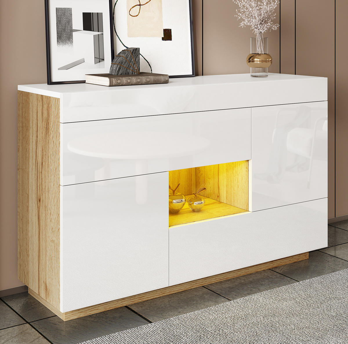SIDEBOARD 120/76,5/37 cm in Weiß mit LED-Beleuchtung und 2 Schubladen - Weiß, Holzwerkstoff (120/37/76.5cm) - Flora Grace