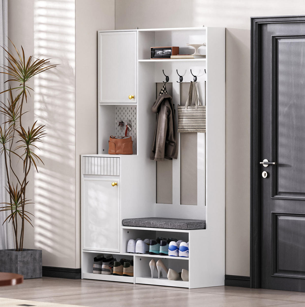 GARDEROBENSET 100/35/180 cm weiß aus MDF mit Sitzbank und Haken - Weiß, Holzwerkstoff (100/180/35cm) - OKWISH