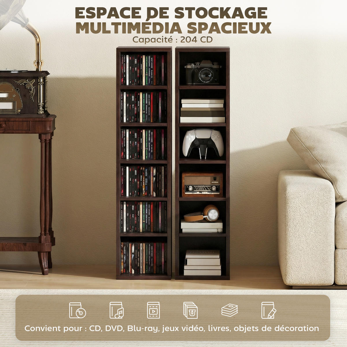 CD-REGAL 2er-Set DE-14520 12 Fächer für 204 CDs Braun - Braun, Holzwerkstoff (22.5/88.5/21cm) - ComfortXL