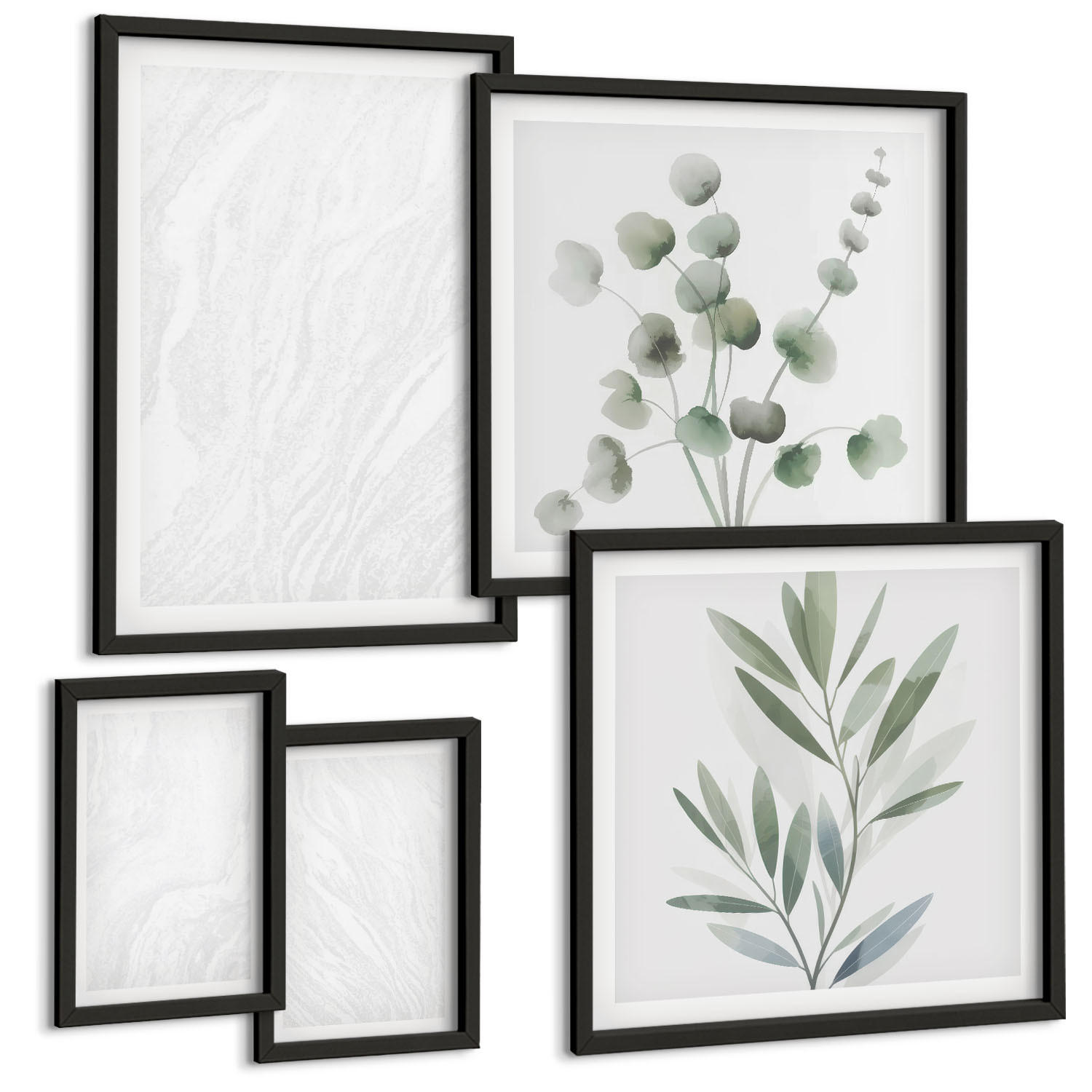 BILDER SET 5er Set - 50x50 cm & 20x30 cm & 40x60 cm Schwarzer Rahmen - Marmorstruktur, pastellfarbene Zweige - Schwarz, Kunststoff (40/60cm) - TULUP
