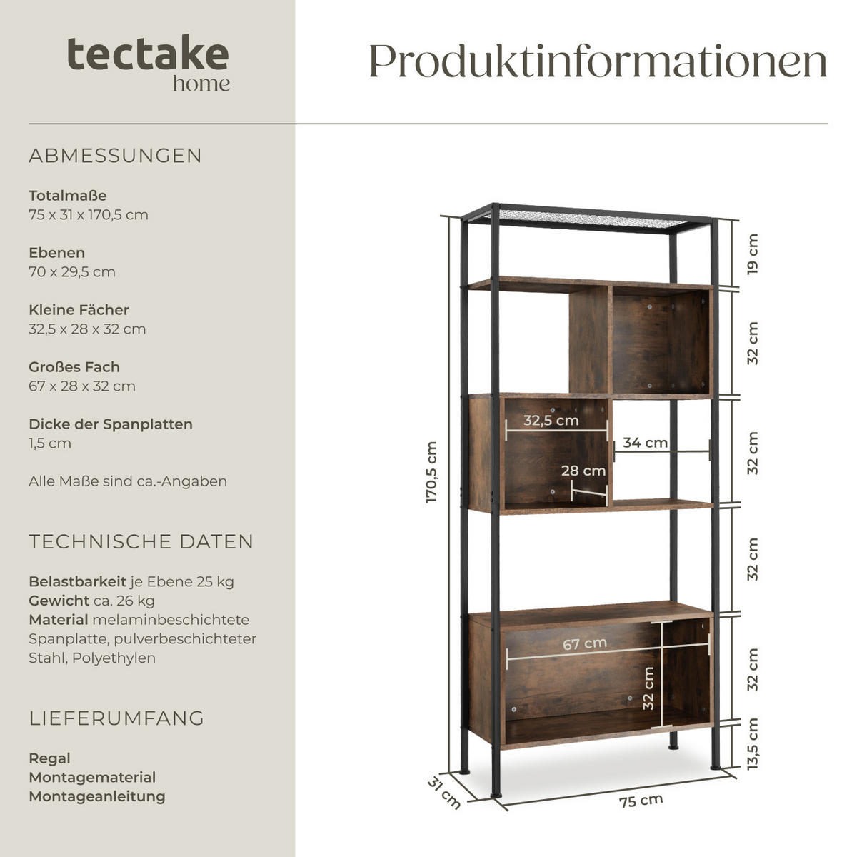 REGAL Hastings,inklusive Kippschutz, 75 x 31 x 170,5 cm,Industrial Holz dunkel, rustikal - Rostfarben, Holzwerkstoff (31/170.5/75cm) - tectake
