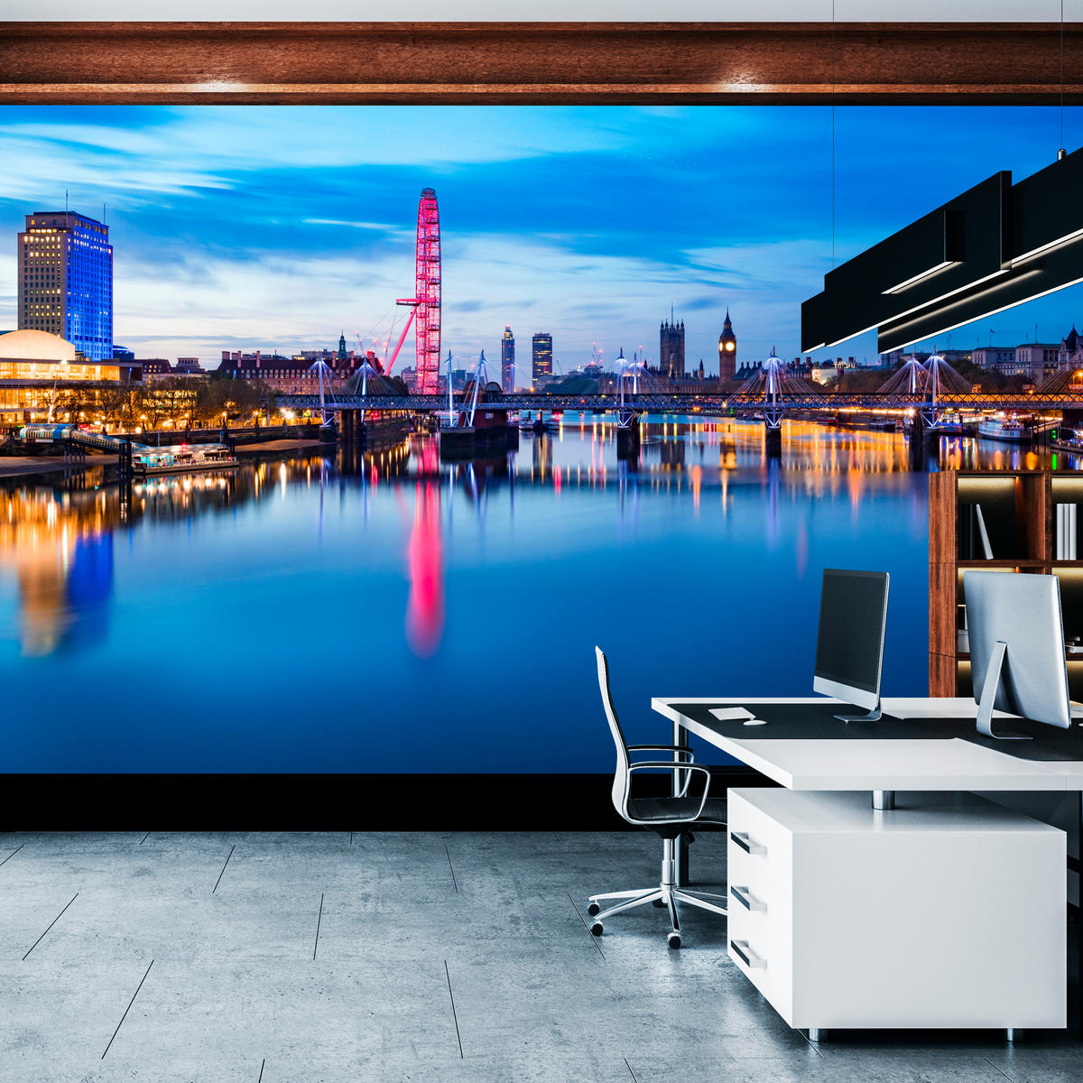 FOTOTAPETE für Wohnzimmer Panorama London Eye Themseufer 300x210 - Blau/Rot, Papier (300/210cm) - Muralo
