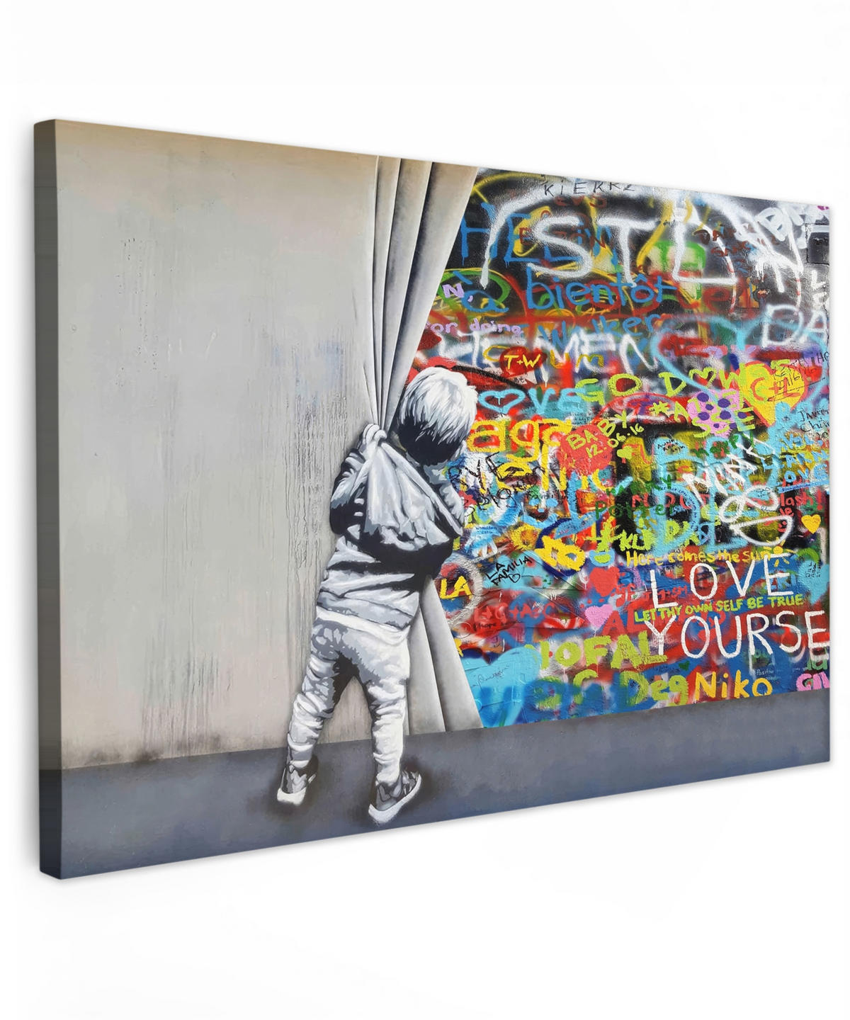 LEINWANDBILD Graffiti - Junge - Ilussie - Straßenkunst Wohnzimmer 120x80 cm - Hellgrau, Textil (120/80cm) - MuchoWow