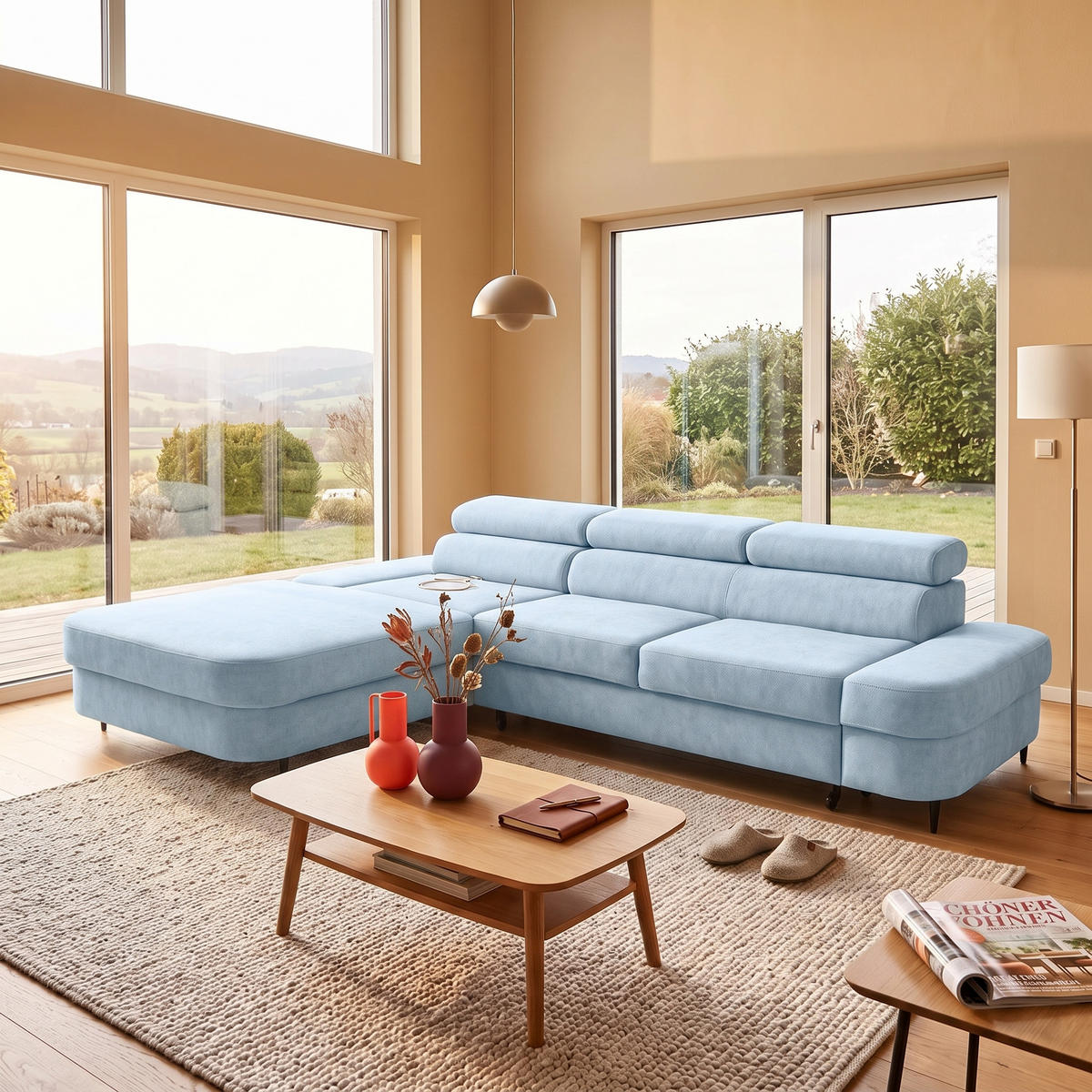 ECKSOFA JAZZ L Links mit Schlaffunktion 127x216 Velours Hellblau - Schwarz/Hellblau, Holz/Textil (285/237cm) - Muffo