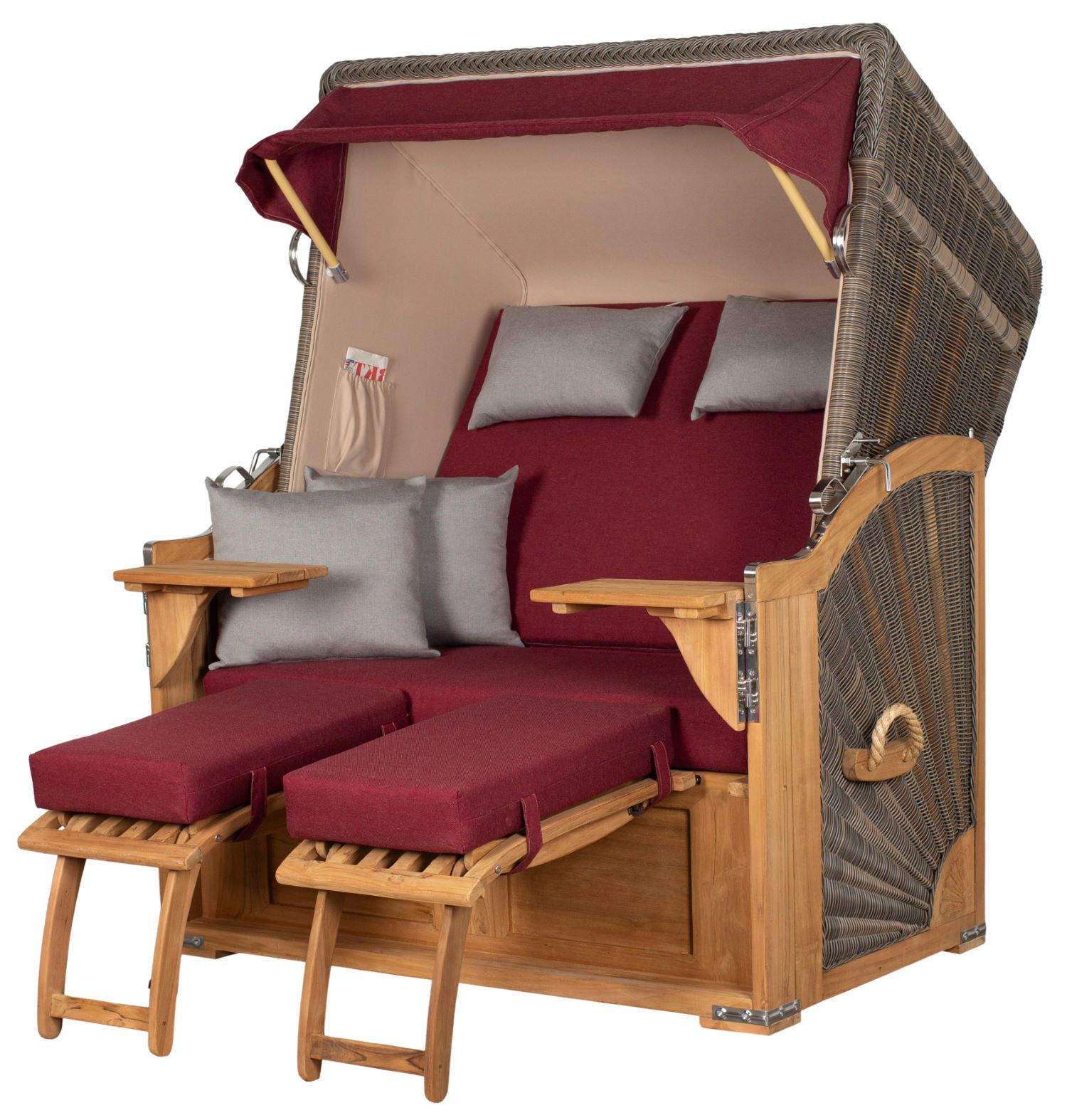 STRANDKORB Komplettset: Schaalsee Teak - PE grau - Modell 594 - Rot/Grau, Holz/Kunststoff (125/170/80cm) - bene living