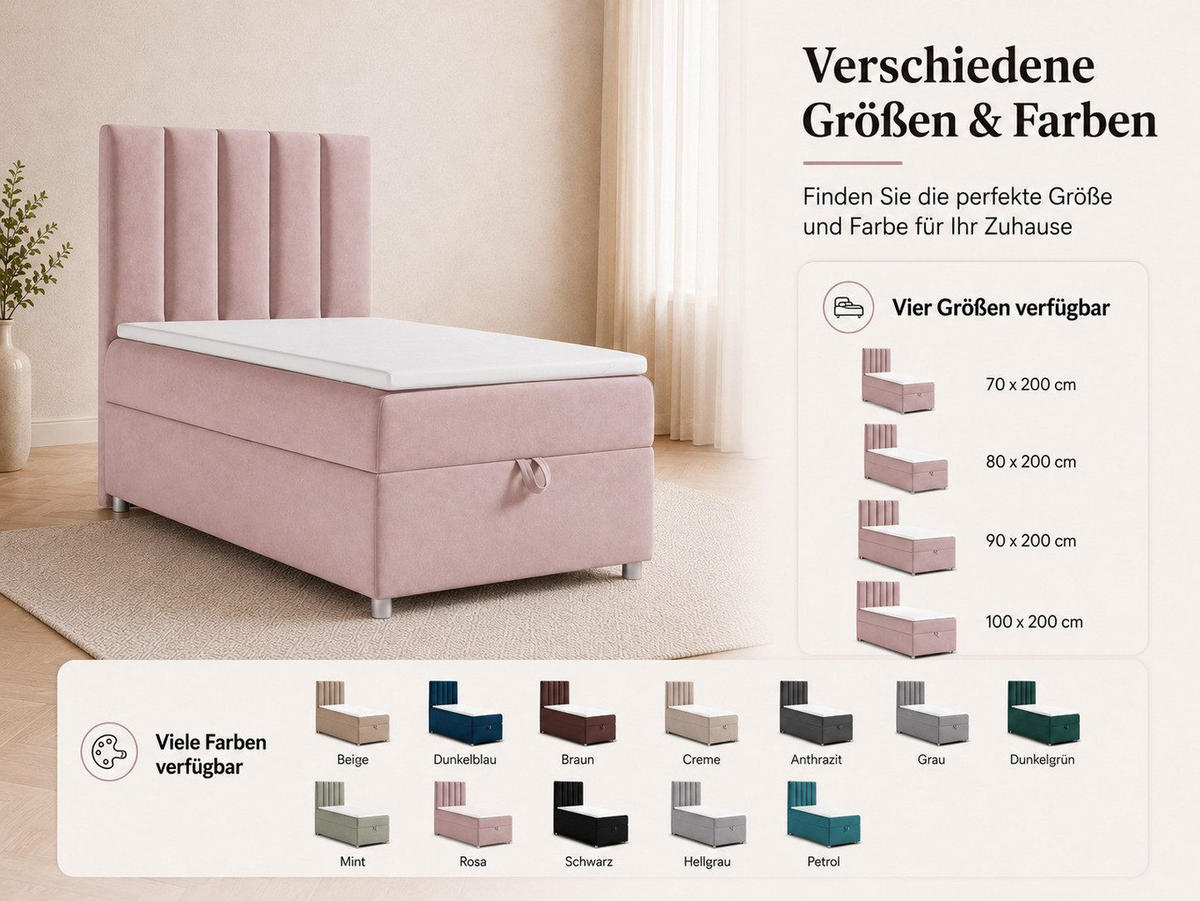 BOXBETT mit Bettkasten Trinity K-10 SINGLE Bonellfederkern inkl. Topper - Rosa, Holz/Holzwerkstoff (90/200cm) - Best For Home