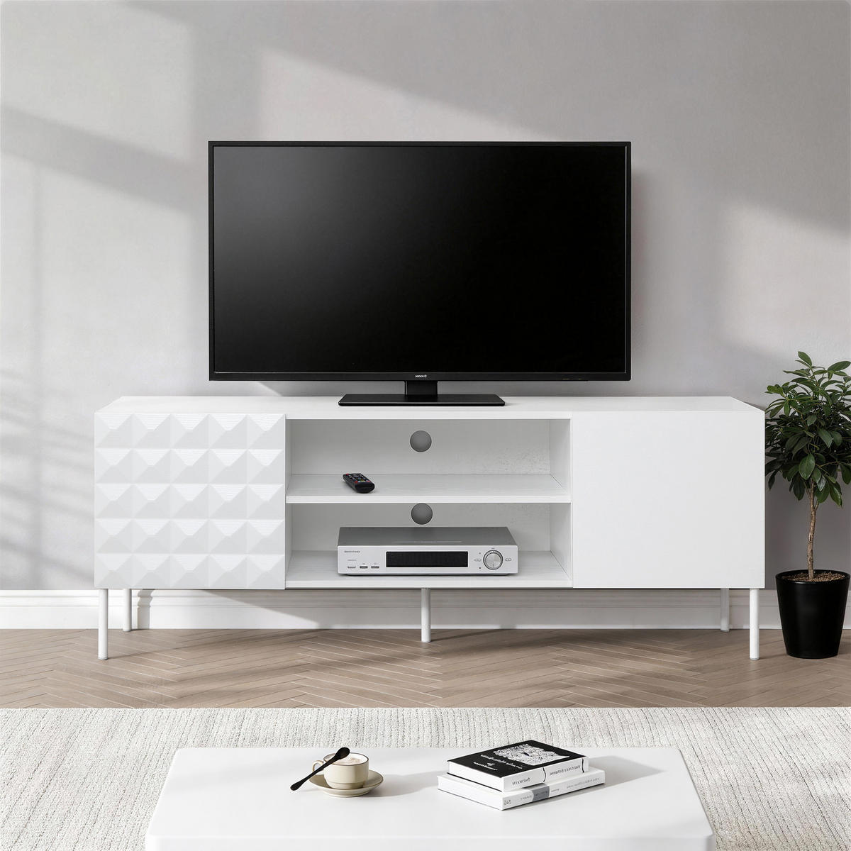 TV Lowboard Holz Weiß - Weiß, Holzwerkstoff/Metall (140/50/40cm) - Hometopia
