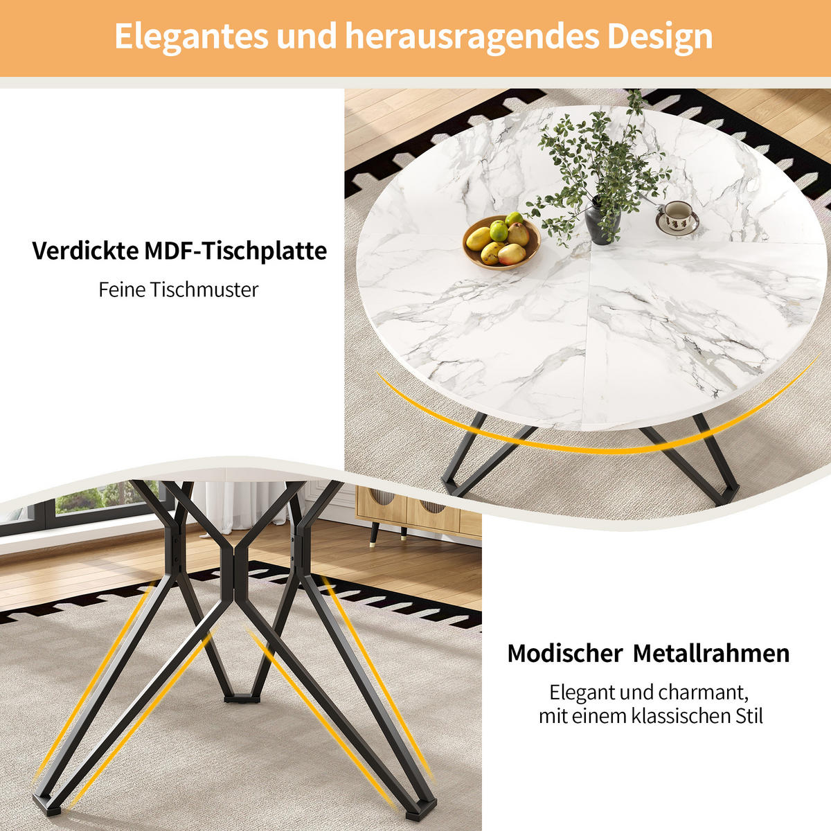 ESSTISCH 100/100/76 cm Schwarz runder Tisch mit MDF-Tischplatte in Marmoroptik und Metallgestell - Schwarz, Holzwerkstoff (100/100/76cm) - OKWISH