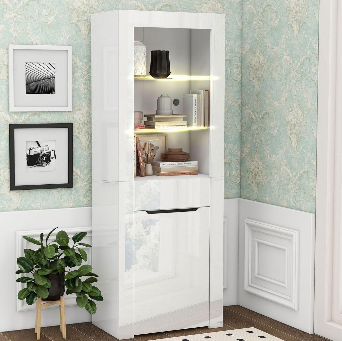 VITRINE 60/35,5/165 cm in Weiß Hochglanz mit LED-Beleuchtung - Weiß, Holzwerkstoff (60/165/35.5cm) - Flora Grace