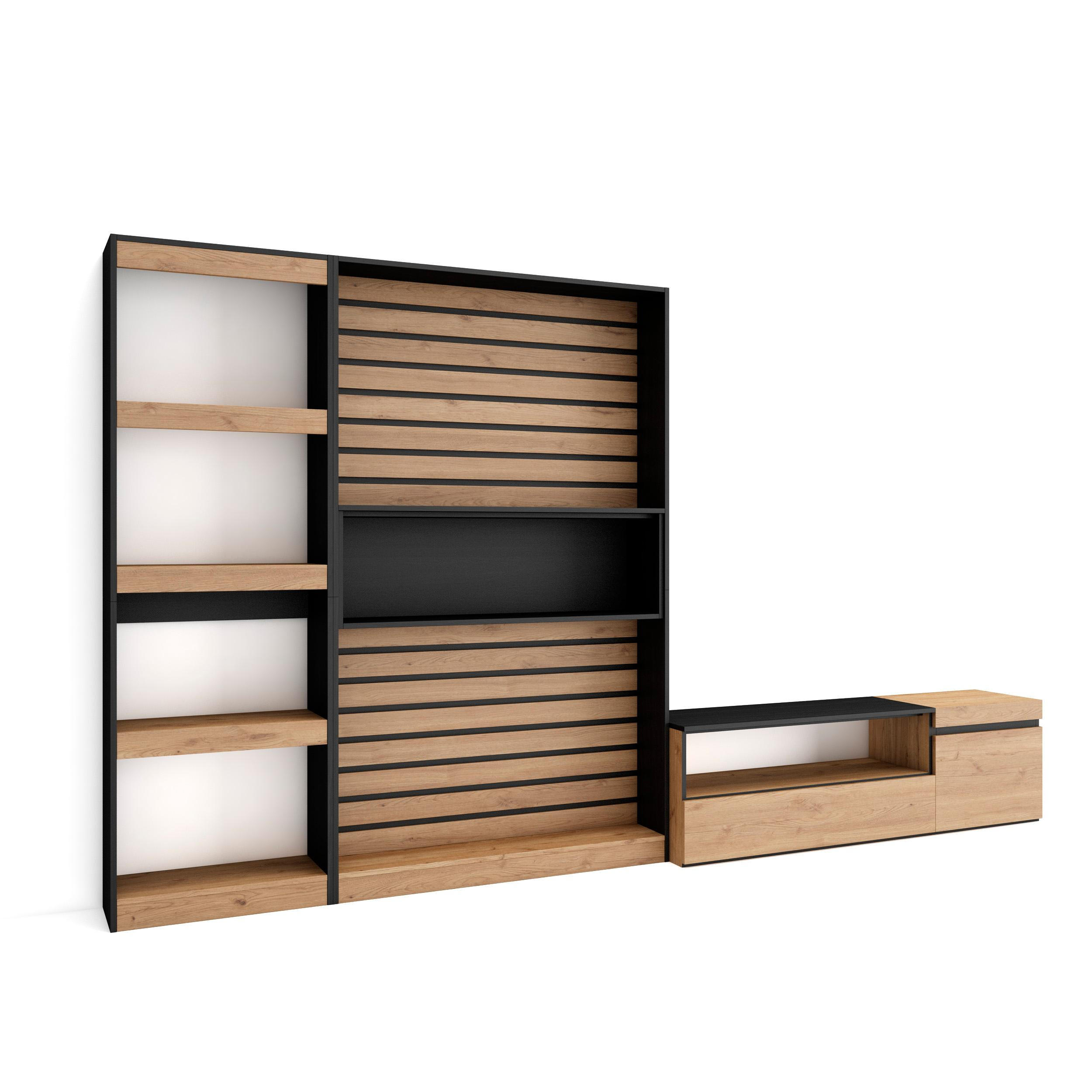 Skraut Home Wohnwand Schwarz, Eiche 320x186x35 cm