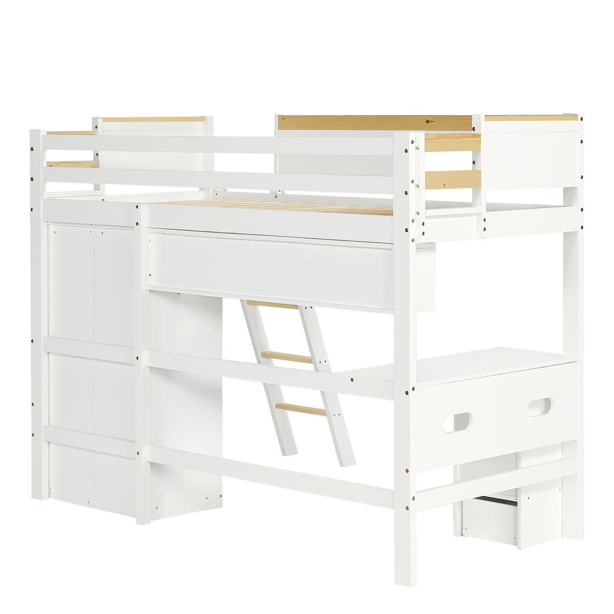ETAGENBETT 90/200 cm in Weiß & Natur mit Regal, Schreibtisch und Kleiderschrank - Weiß/Naturfarben, Holz/Holzwerkstoff (90/200cm) - CHICFURN