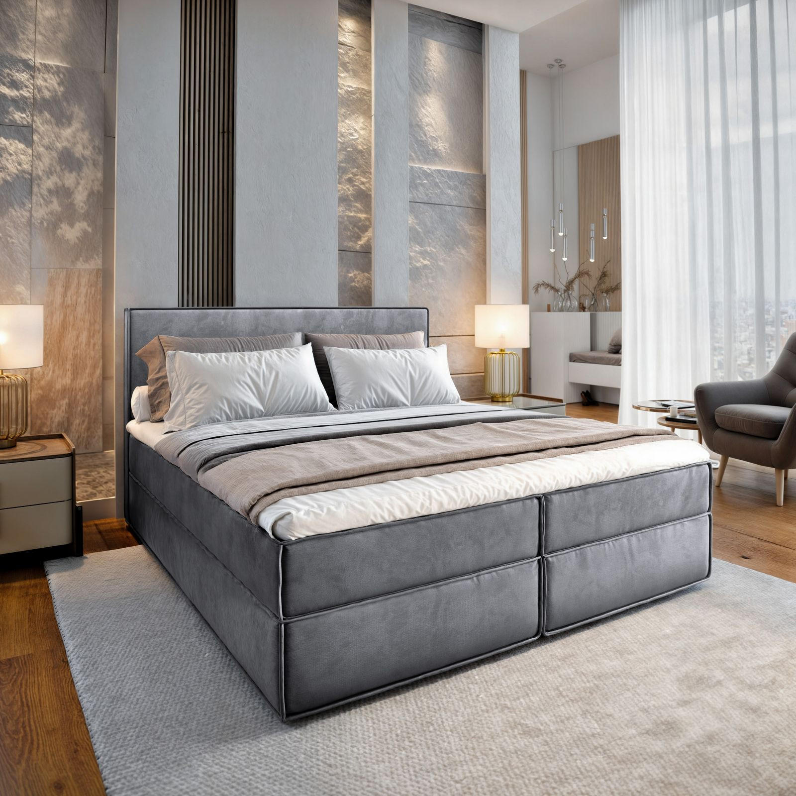 BOXBETT PELLIO 180x200 cm mit Matratze und Topper - Grau - Grau, Holz (180/200cm) - MASSENO