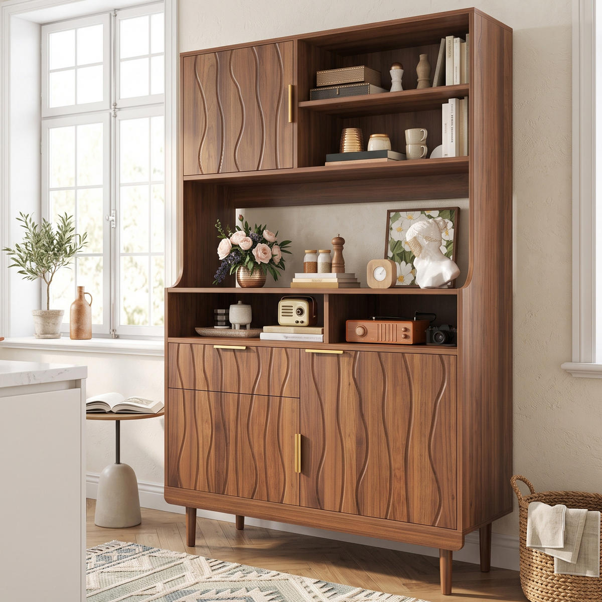 KÜCHENSCHRANK Walnuss mit Wellenstruktur, offenen Regalen & Schublade - Walnussfarben, Holzwerkstoff (100/170/32cm) - Urban Meuble