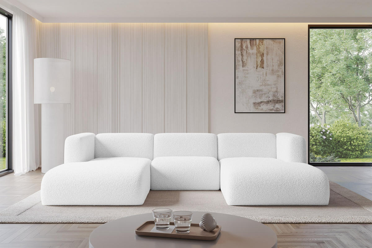 WOHNLANDSCHAFT MIRA-U1 317x179x70 Weiß Bouclé - Schwarz/Weiß, Holzwerkstoff/Kunststoff (317/70/179cm) - ALTDECOR