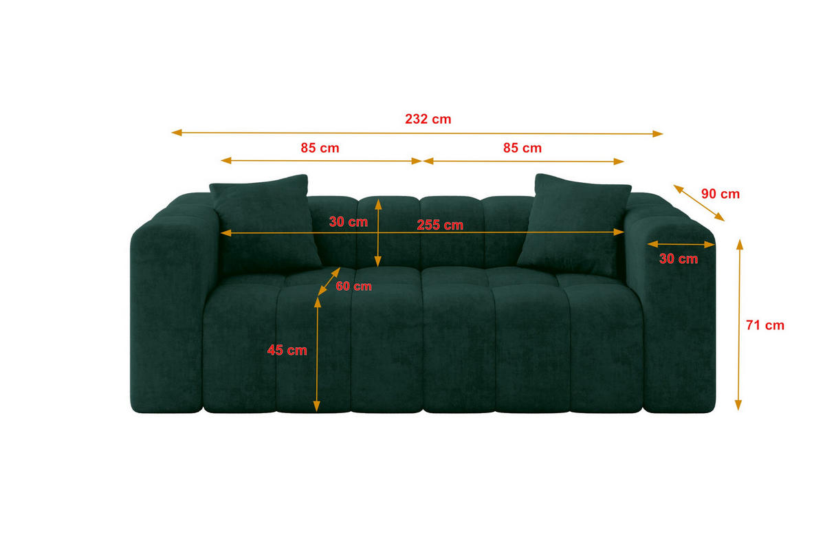 SOFA 2-Sitzer DONY-2 232x90x71 cm Grün Samt - Jadegrün/Schwarz, Holzwerkstoff/Kunststoff (232/71/90cm) - ALTDECOR