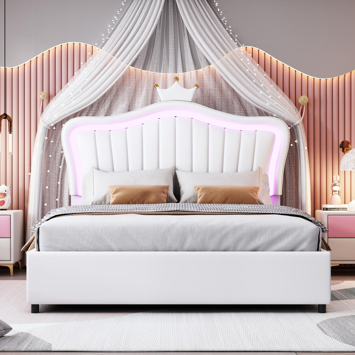 POLSTERBETT 140/200 cm weiß hydraulisches Stauraumbett mit LED-Beleuchtung und verstellbarem Kopfteil - Weiß, Textil (140/200cm) - OKWISH