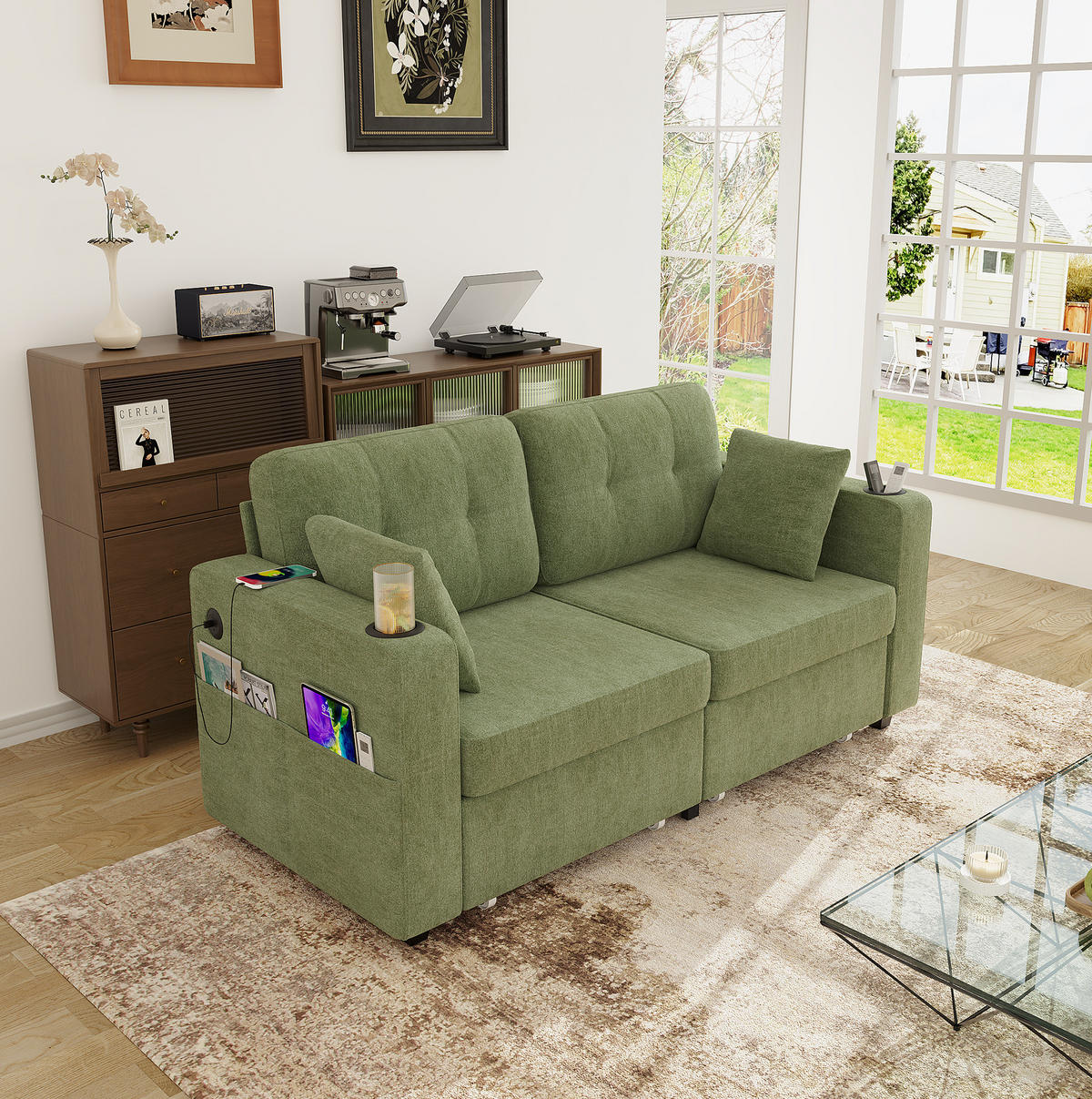 2-SITZER Sofa aus Chenille 172x75x82 cm in Olive mit USB-Anschlüssen & Stauraum - Grün, Textil (75/82/172cm) - Modfu
