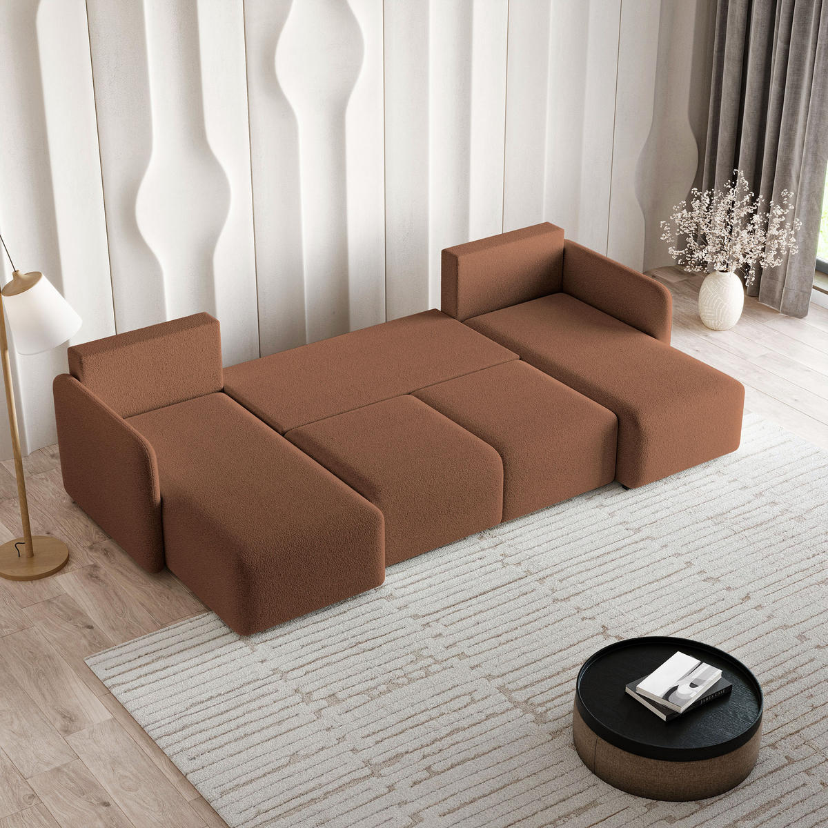 WOHNLANDSCHAFT NUBERO Kupferfarben Boucle-Stoff mit Schlaffunktion - Kupferfarben, Holz (285/85/143cm) - MASSENO