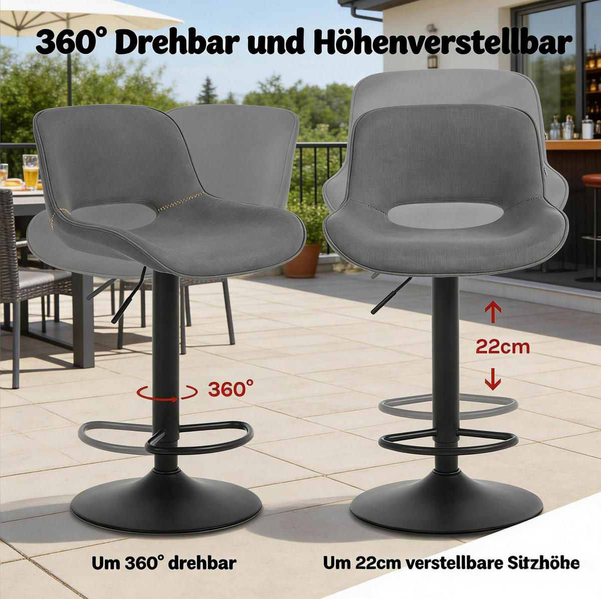 BARHOCKER 2er-Set, höhenverstellbar und 360° drehbar, Grau - Grau, Metall (49/106/49cm) - MIVRAY