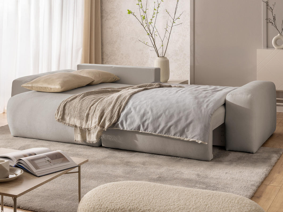 ECKSOFA Puffy mit Schlaffunktion und Bettkasten - besonders weich und puffig aus Beige Webstoff - Ottomane links - Beige/Schwarz, Holz/Kunststoff (138/266cm) - S-Style Möbel