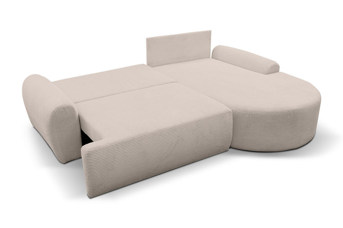 ECKSOFA Dream Cord in L-Form mit Schlaffunktion und Bettkasten, Farbe: Beige, Cordstoff, Ottomane Rechts - Beige, Textil (260/136cm) - VENASI MÖBEL