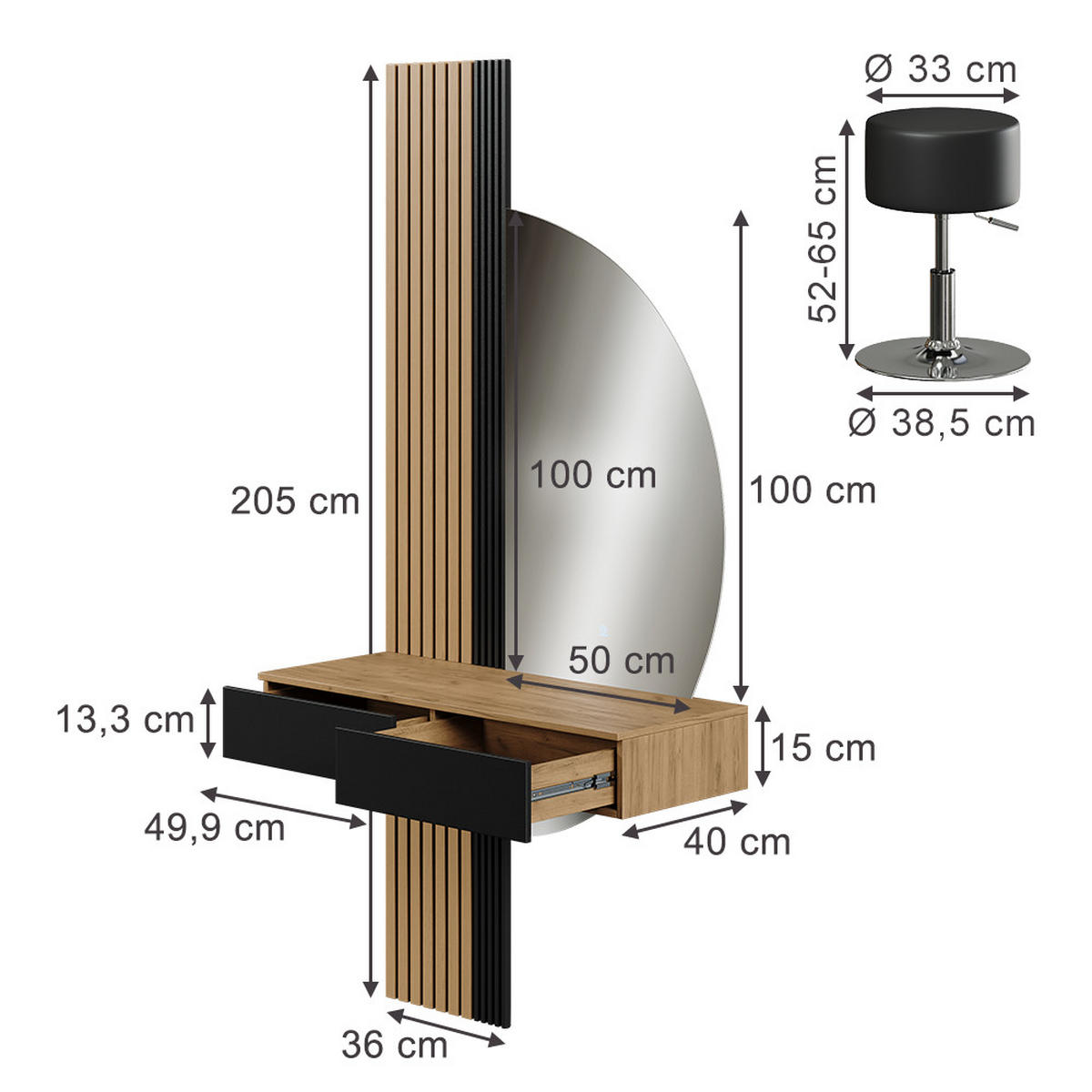 TOALETNÝ STOLÍK Melina Dub/čierna - farba duba, kompozitné drevo (100/205/40cm) - Vicco
