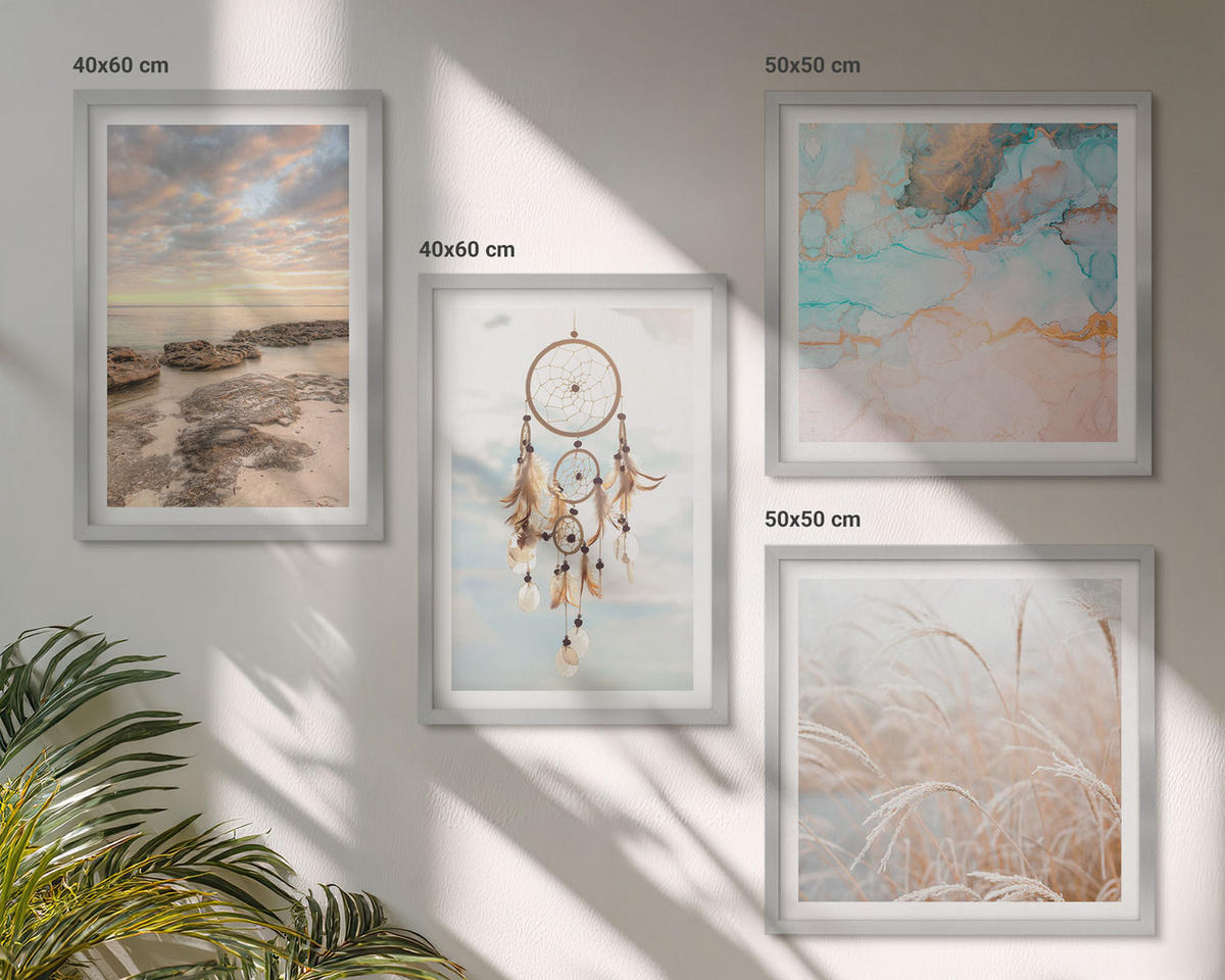 BILDER SET 4er Set - 50x50 cm & 40x60 cm Silberner Rahmen - Wolkenmeer, Traumfänger, Gras - Silberfarben, Kunststoff (50/50cm) - TULUP