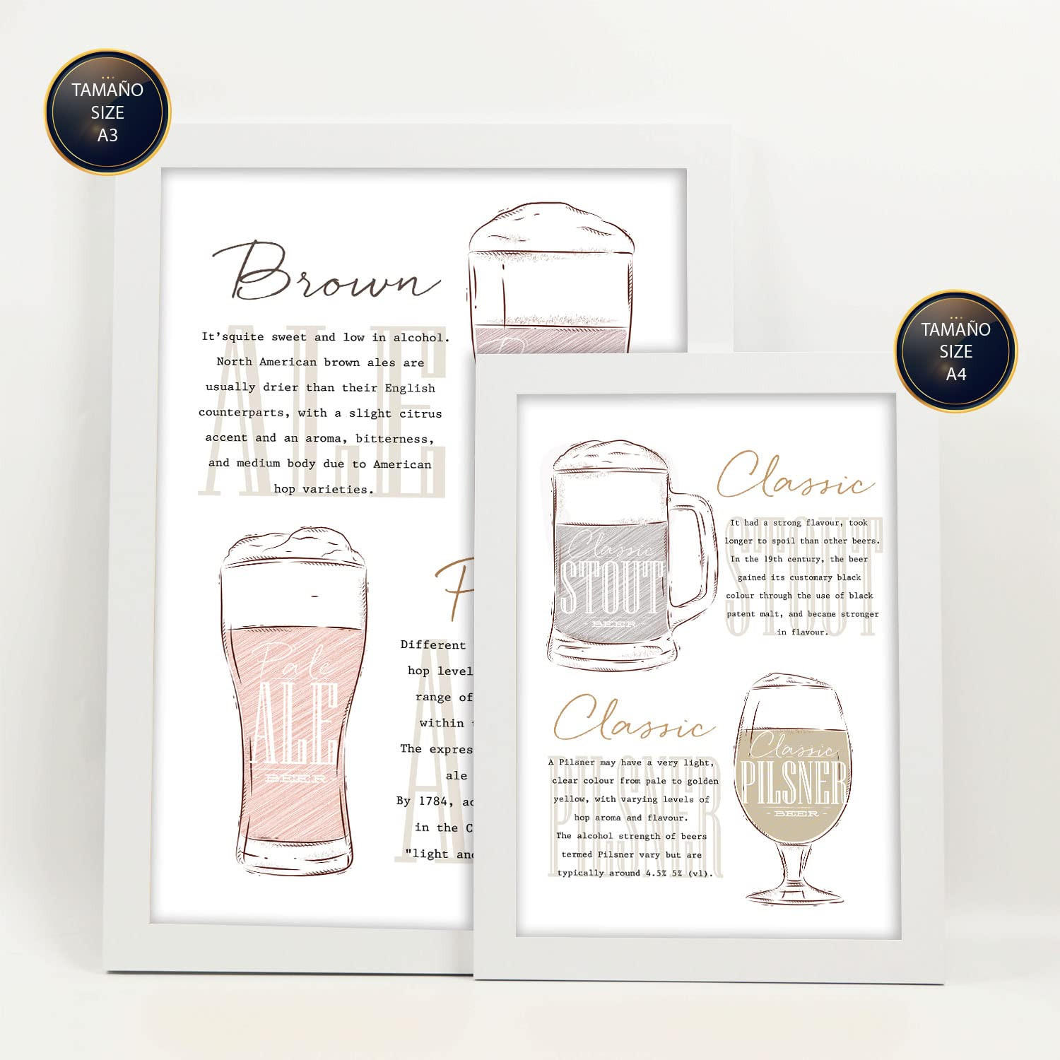 POSTER Set Mit 6 Biersorten Weiß Vollfarbige Illustrationen Von Kaffee & Getränken Im Werbetafel Illustrationen Für & Heim A3 & A4 Weißer Rahmen - Weiß, Papier (29/3cm) - Nacnic