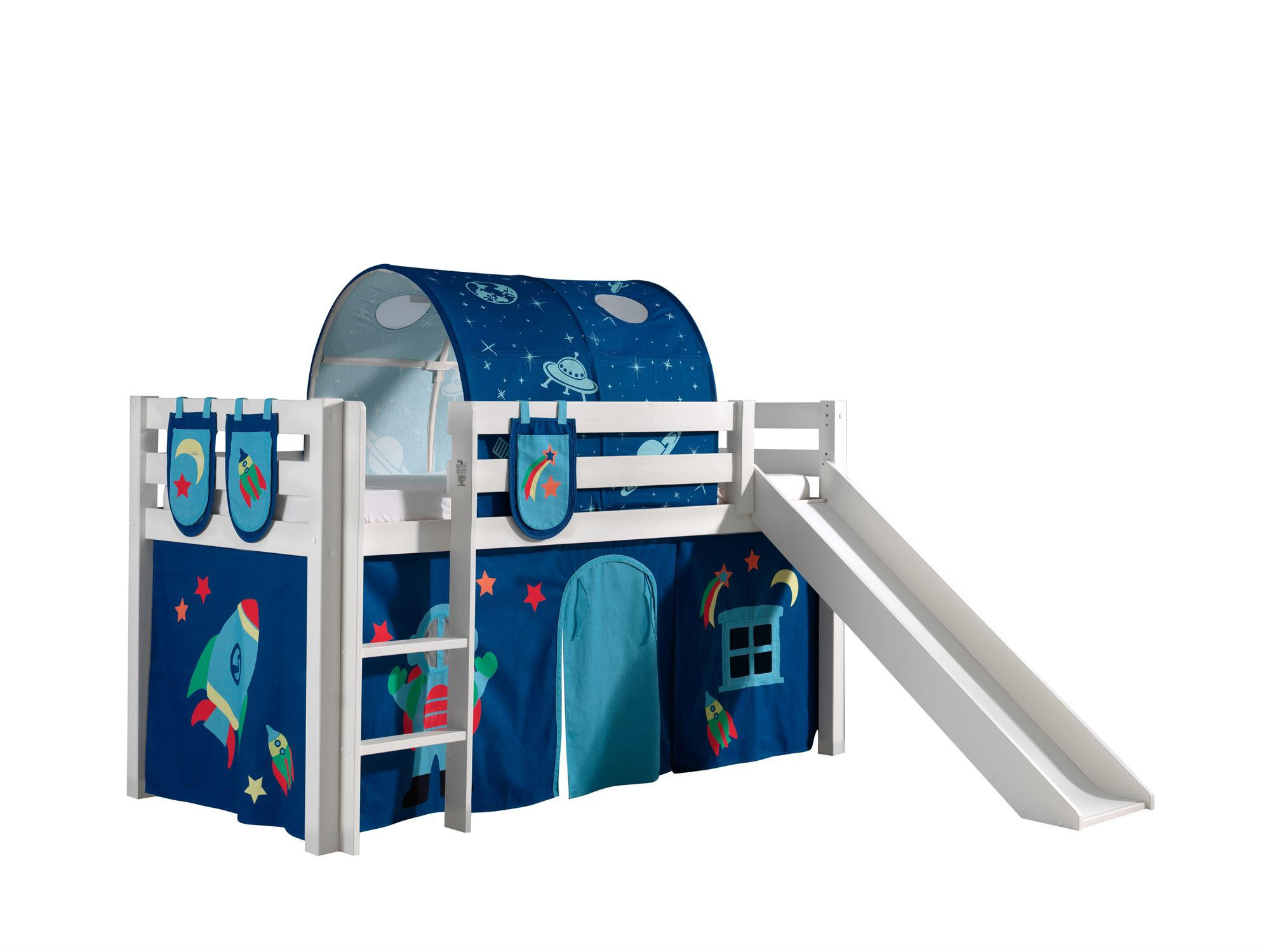 HOCHBETT mit Rutsche Karolina Massivholz Weiß Textilset Astro 4 - Blau/Weiß, Holz (90/200cm) - 58aufmkessel
