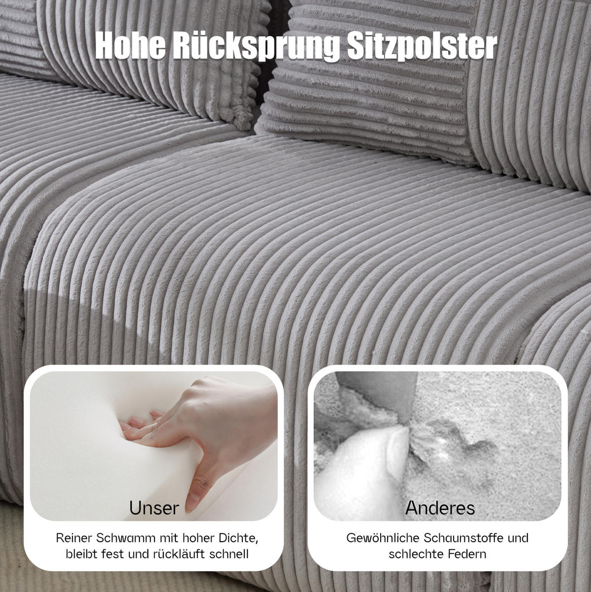 SOFA 200/174/80 cm in Hellgrau aus Cord mit Cupholder und Tasche - Hellgrau, Textil (174/80/200cm) - Flora Grace
