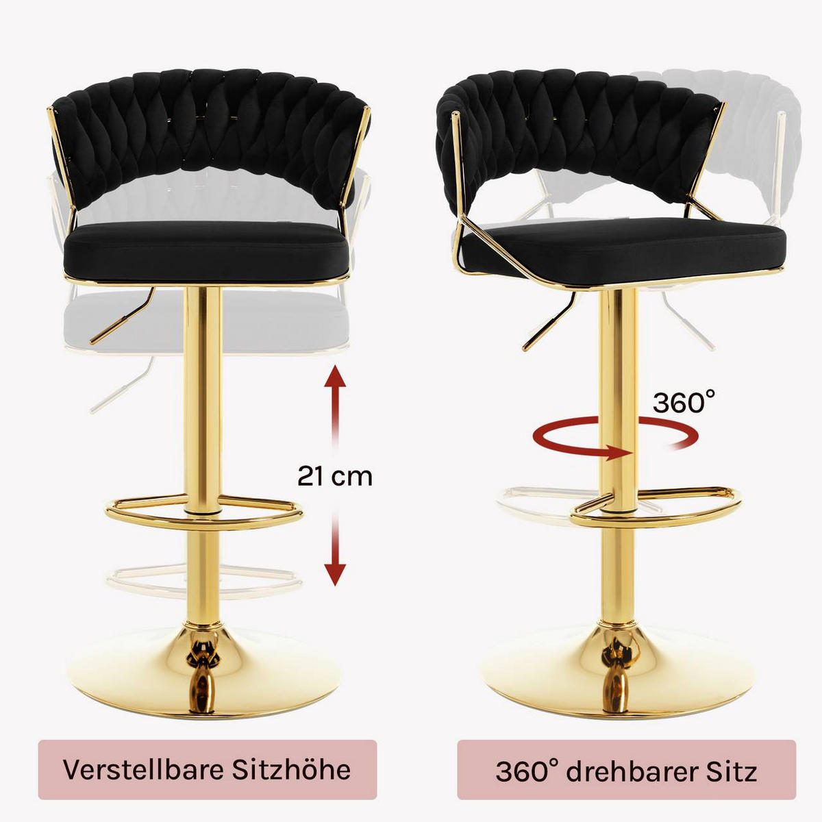 BARHOCKER 4er Set, mit geflochtener Rückenlehne, Samt, Schwarz - Goldfarben/Schwarz, Textil/Metall (48/83/46.5cm) - Woltu