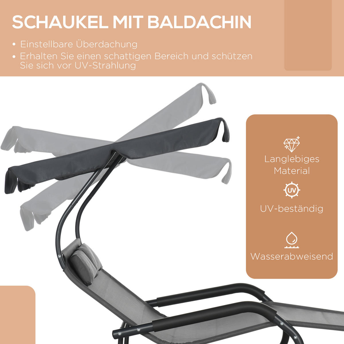 DOPPEL-SONNENLIEGE Gartenliege, mit Sonnendach, Rollen, Kopfkissen, Stahl, Dunkelgrau - Dunkelgrau, Kunststoff/Metall (139/140/200cm) - Outsunny