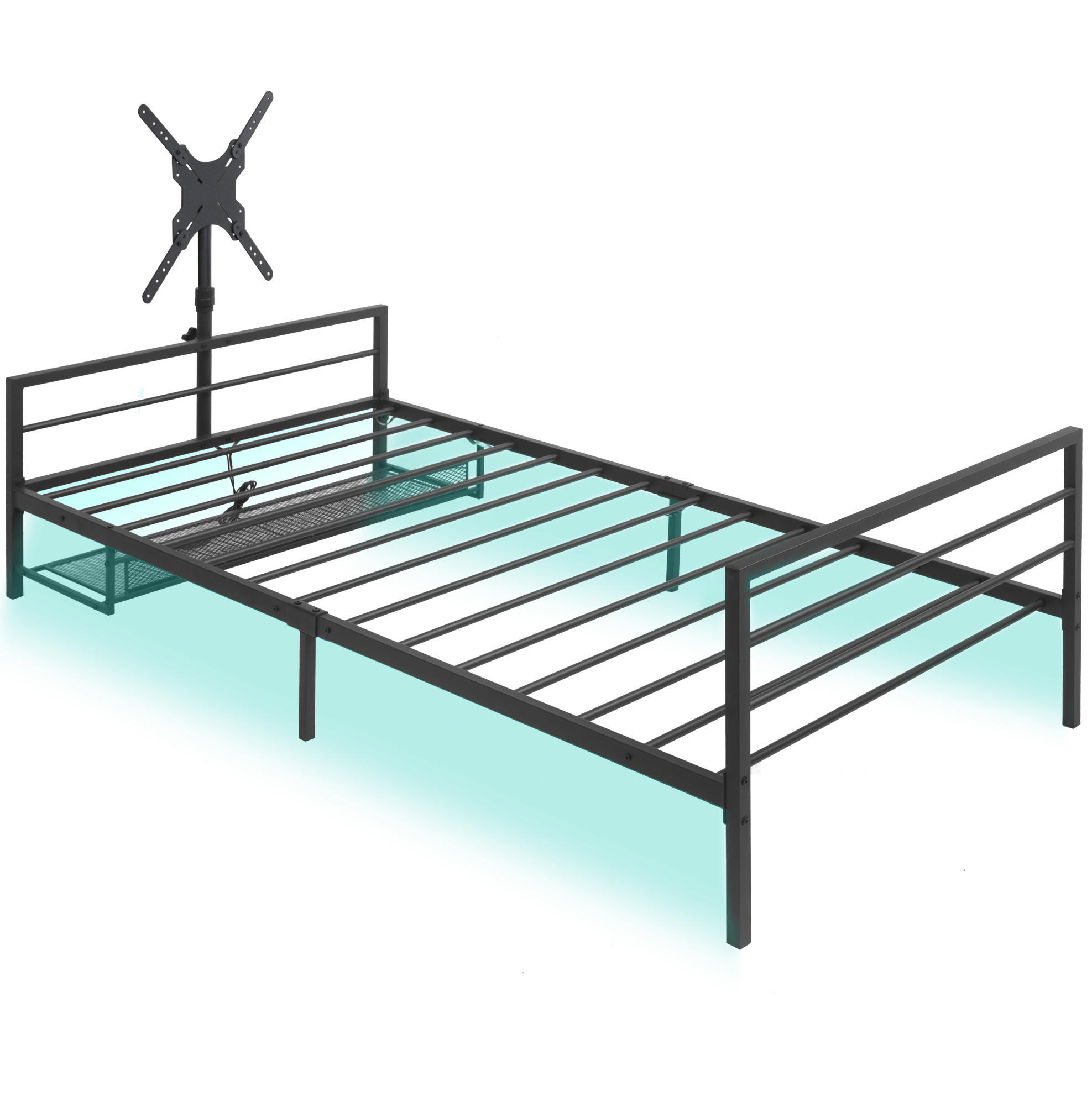 BETT Länge 206 cm aus Metall mit LED-Beleuchtung und Monitorhalterung - Schwarz, Metall (90/200cm) - Flora Grace