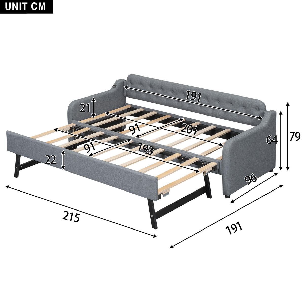TAGESBETT 90/200 cm mit Ausziehbett, USB-Anschluss und Leinenbezug, Grau - Grau, Textil (90/200cm) - Redom