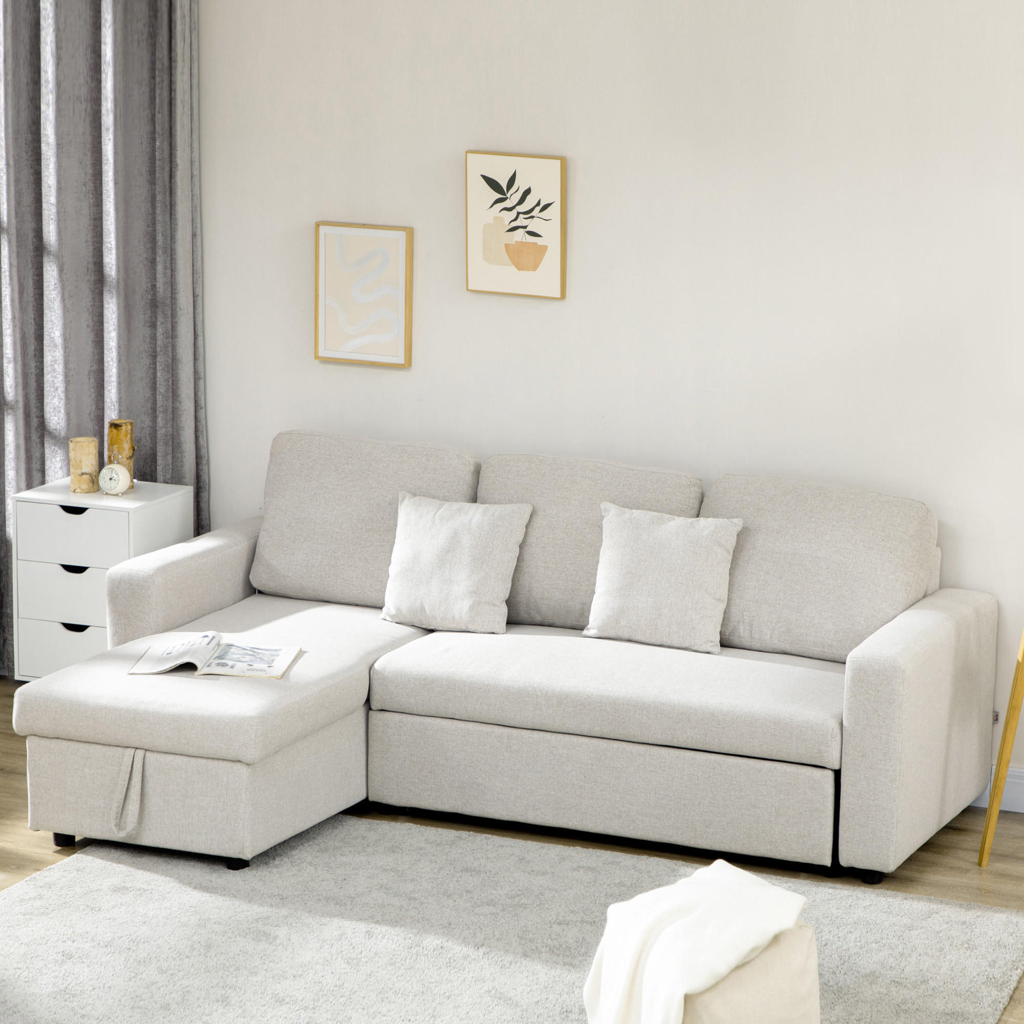 ECKSOFA mit Bettfunktion, Eckcouch inklusive 2er-Sitz Sofa, Einzelbett, L-Form - Weiß, Holzwerkstoff (140/225cm) - HOMCOM
