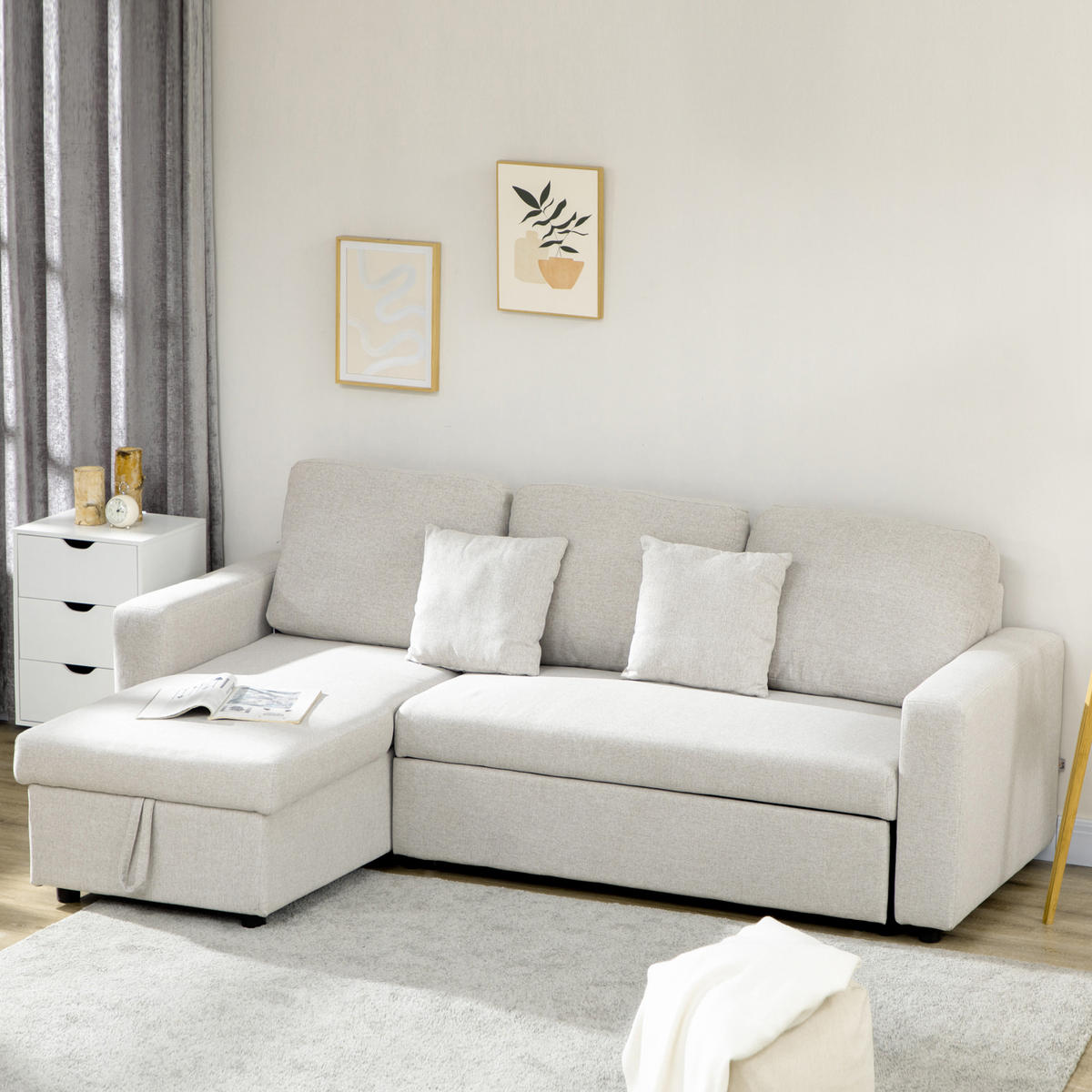 ECKSOFA mit Bettfunktion, Eckcouch inklusive 2er-Sitz Sofa, Einzelbett, L-Form - Weiß, Holzwerkstoff (140/225cm) - HOMCOM