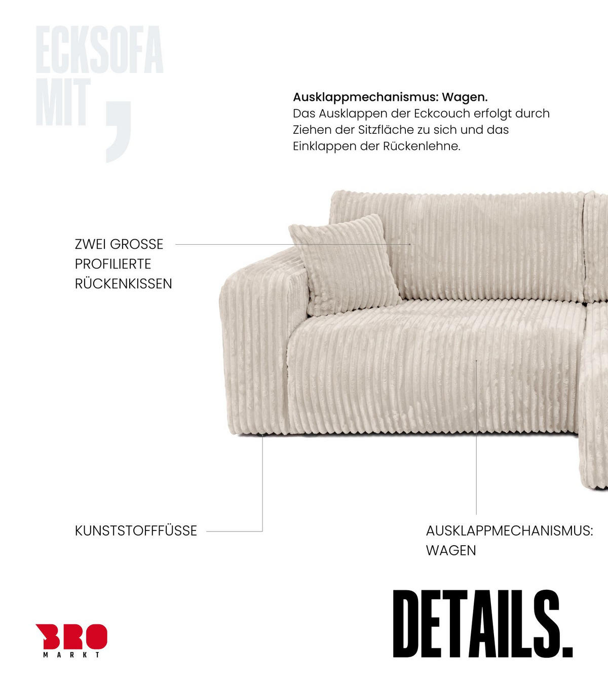 ECKSOFA mit Schlaffunktion TILIO Cream - Creme, Textil (244/148cm) - Bromarkt