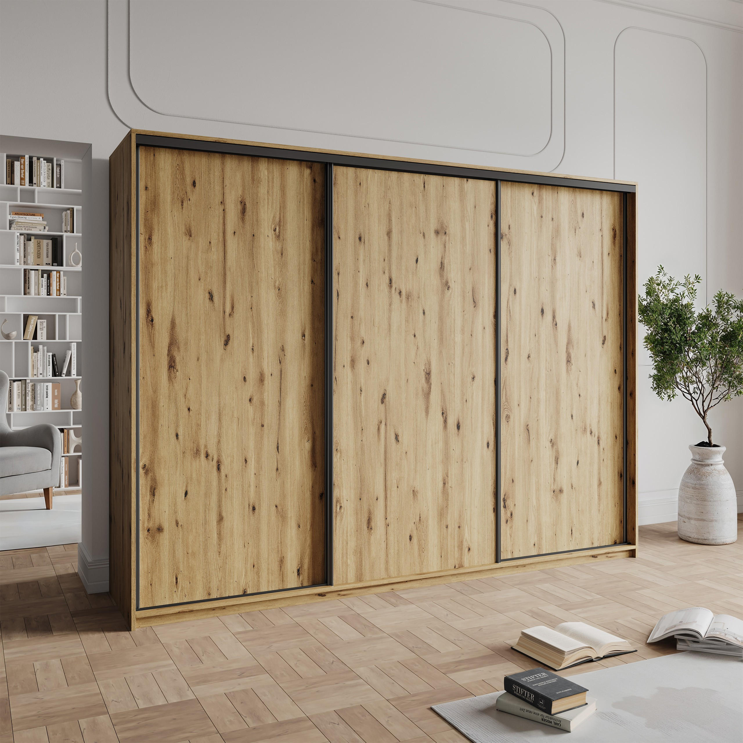SCHWEBETÜRENSCHRANK NISSE 250/205/60 cm 3-türig mit Schubladen Eiche Artisan - Schwarz/Eiche Artisan, Holzwerkstoff (250/205/60cm) - MASSENO
