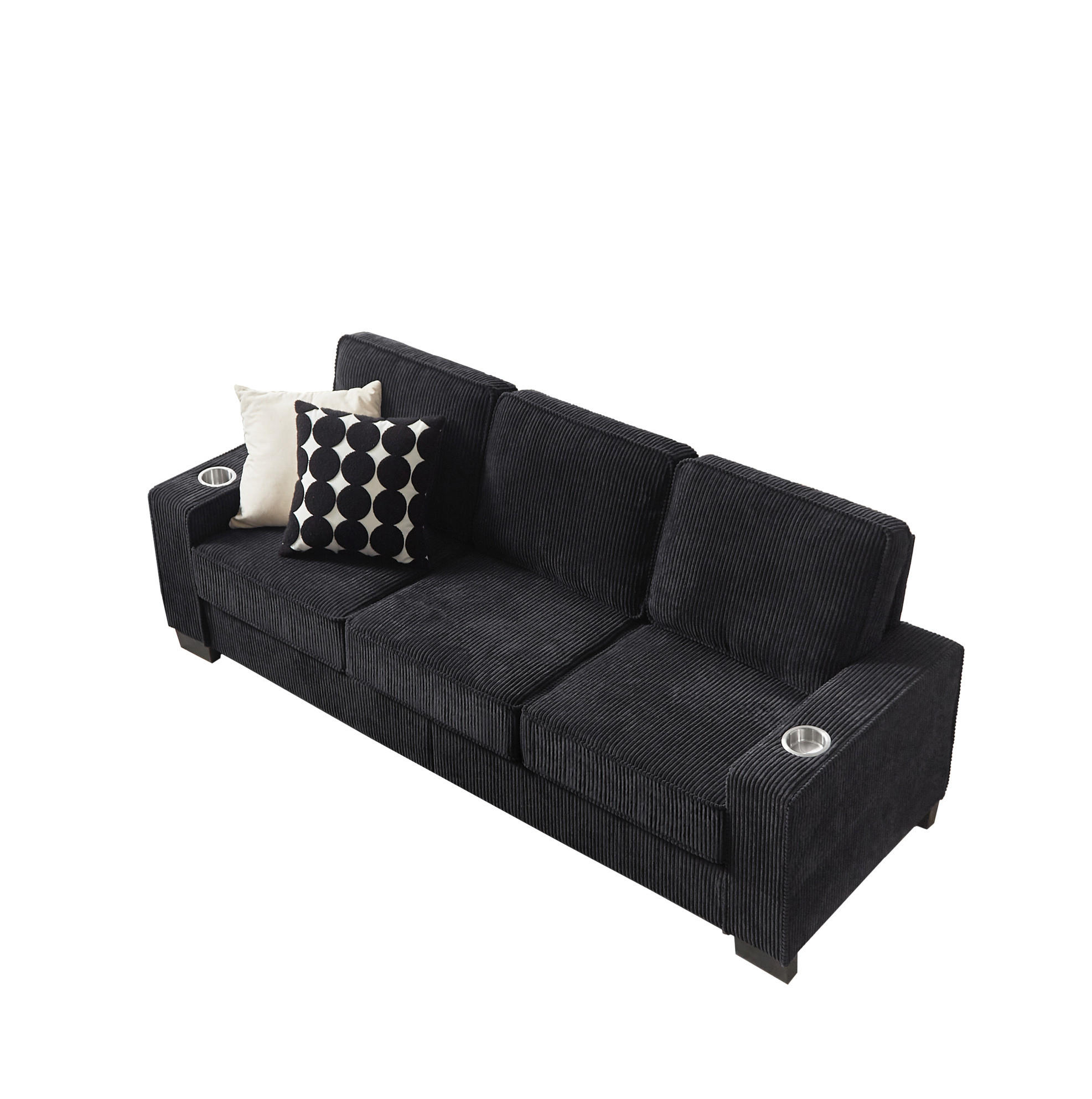 SOFA 3-Sitzer 206 cm Schwarz mit Getränkehaltern - Schwarz, Holzwerkstoff (206/86/72cm) - Meubliv
