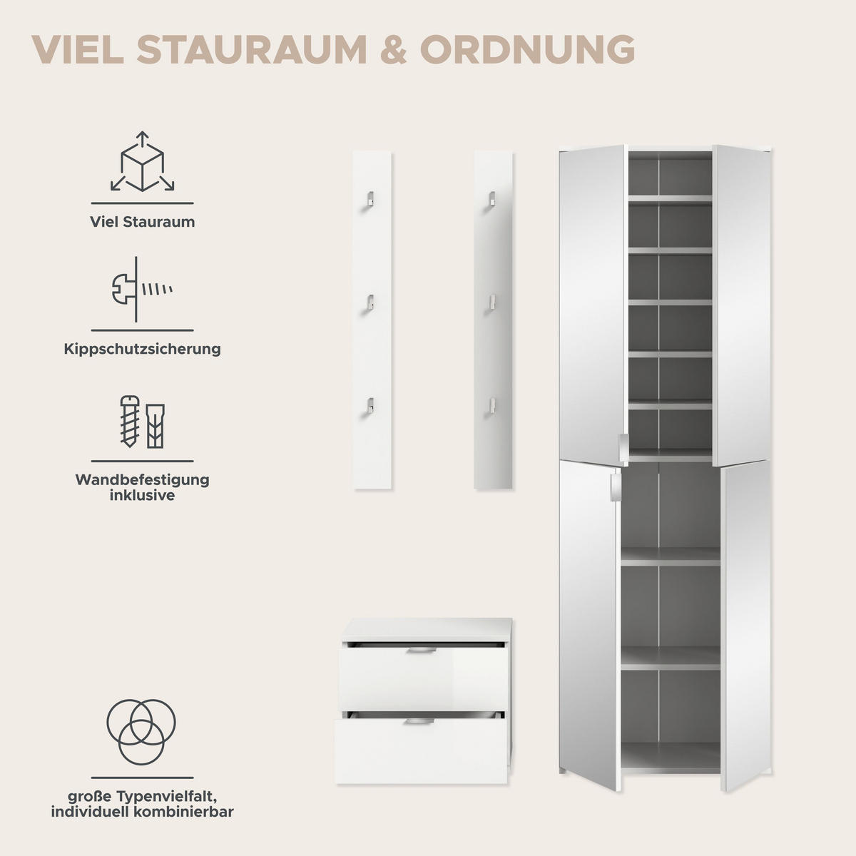 GARDEROBE Systemmöbel Projekt X 4tlg. Kombination , ca.128x191x37 cm - Weiß, Holzwerkstoff (128/191/37cm)