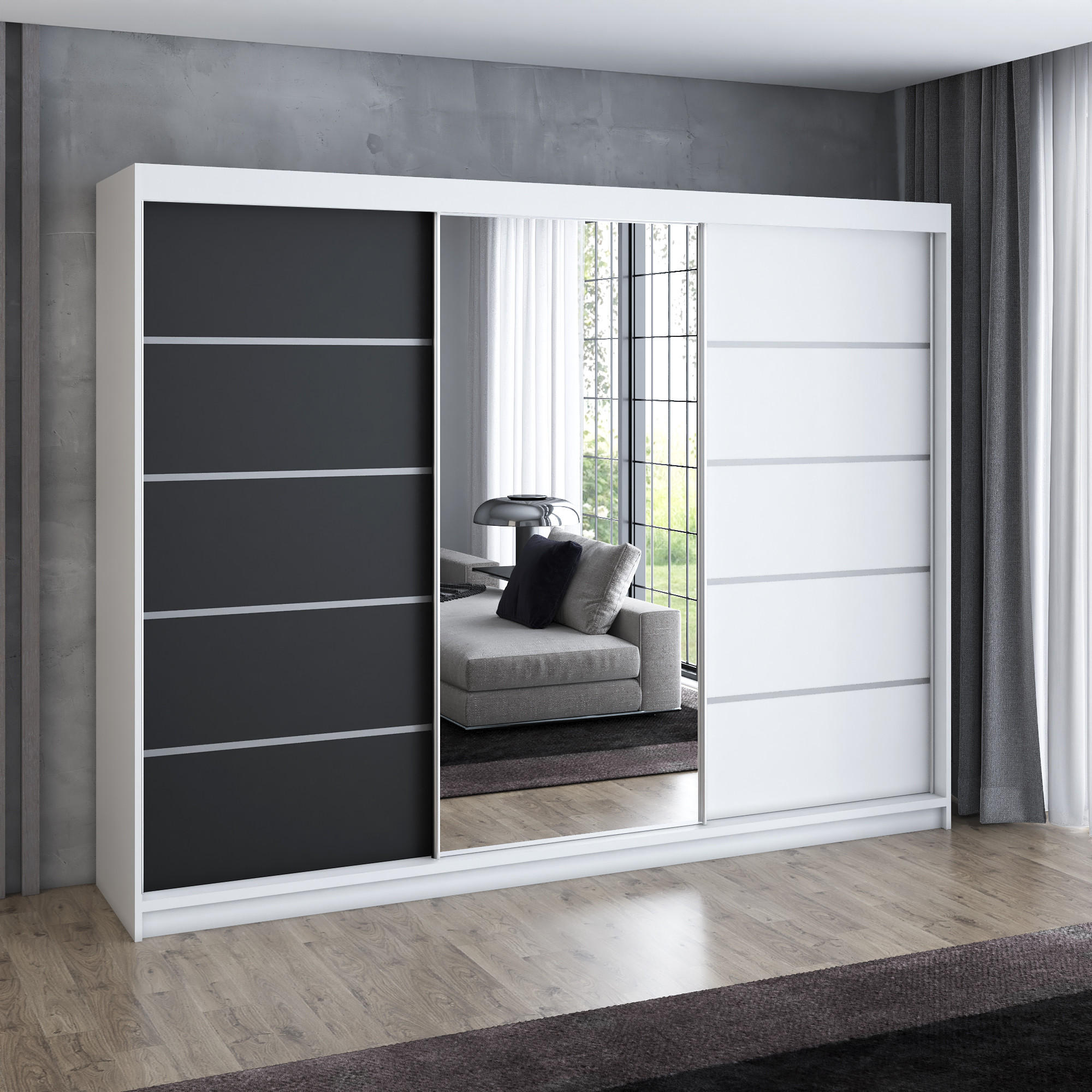 SCHWEBETÜRENSCHRANK 200 cm VILANO 1 Farbe: Weiß, Schwarz - Klar/Schwarz, Holzwerkstoff (200/215/59.5cm) - A&J MöbelLand