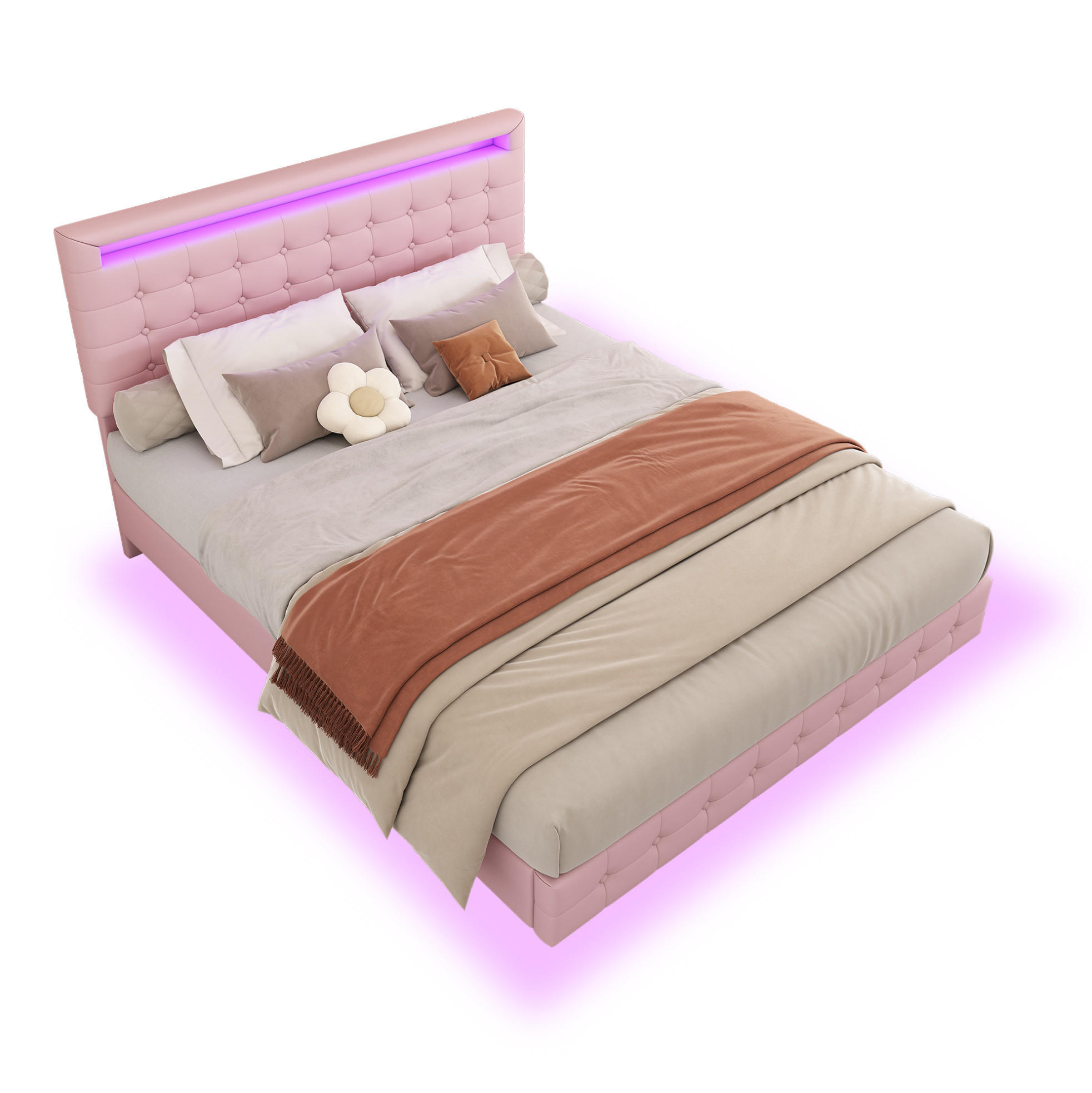 OKWISH ČALOUNĚNÁ postel 140/200 cm růžová z PU s LED osvětlením a nastavitelným čelem